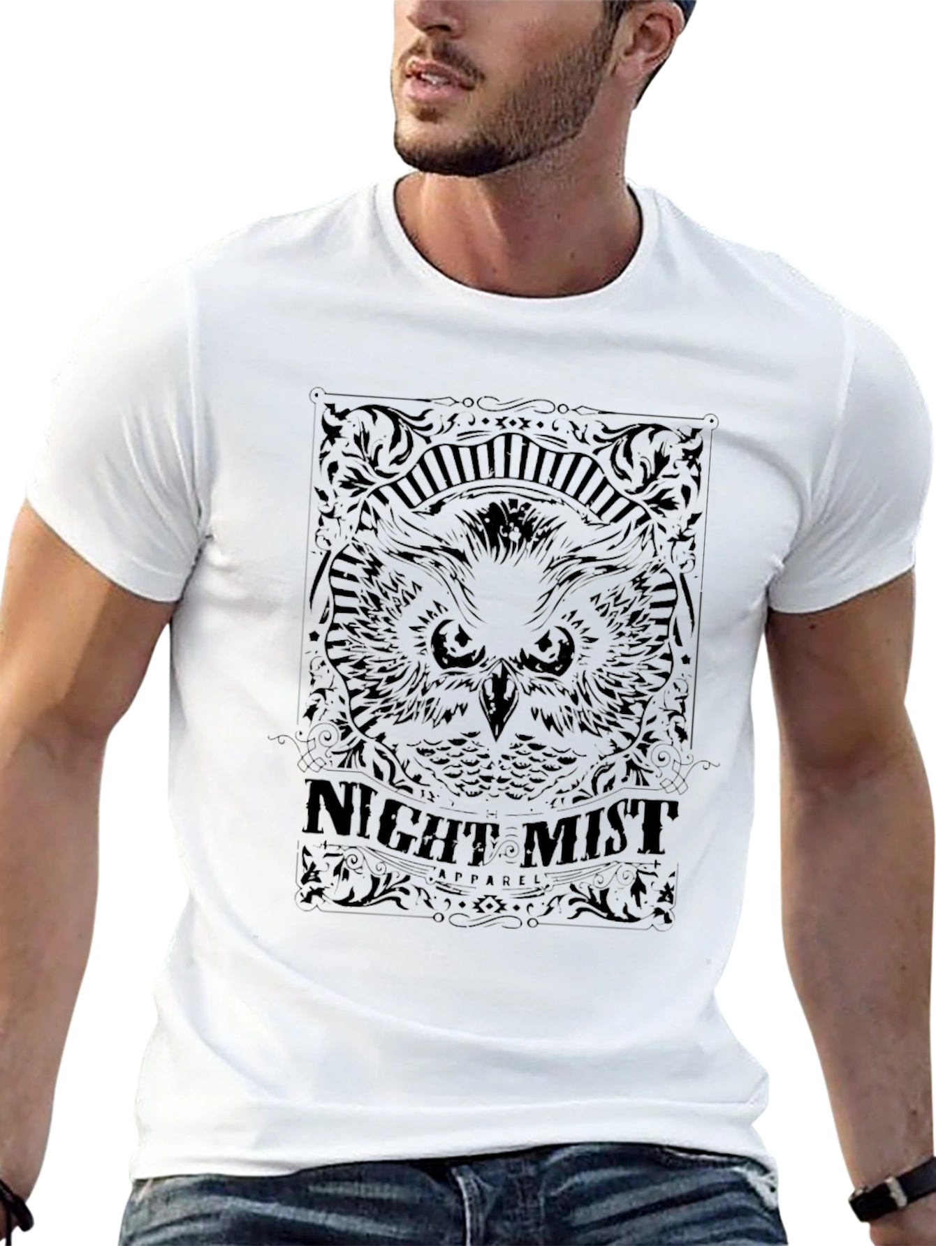 Night Mist Owl Graphic Tee - Black Cotton T-Shirt