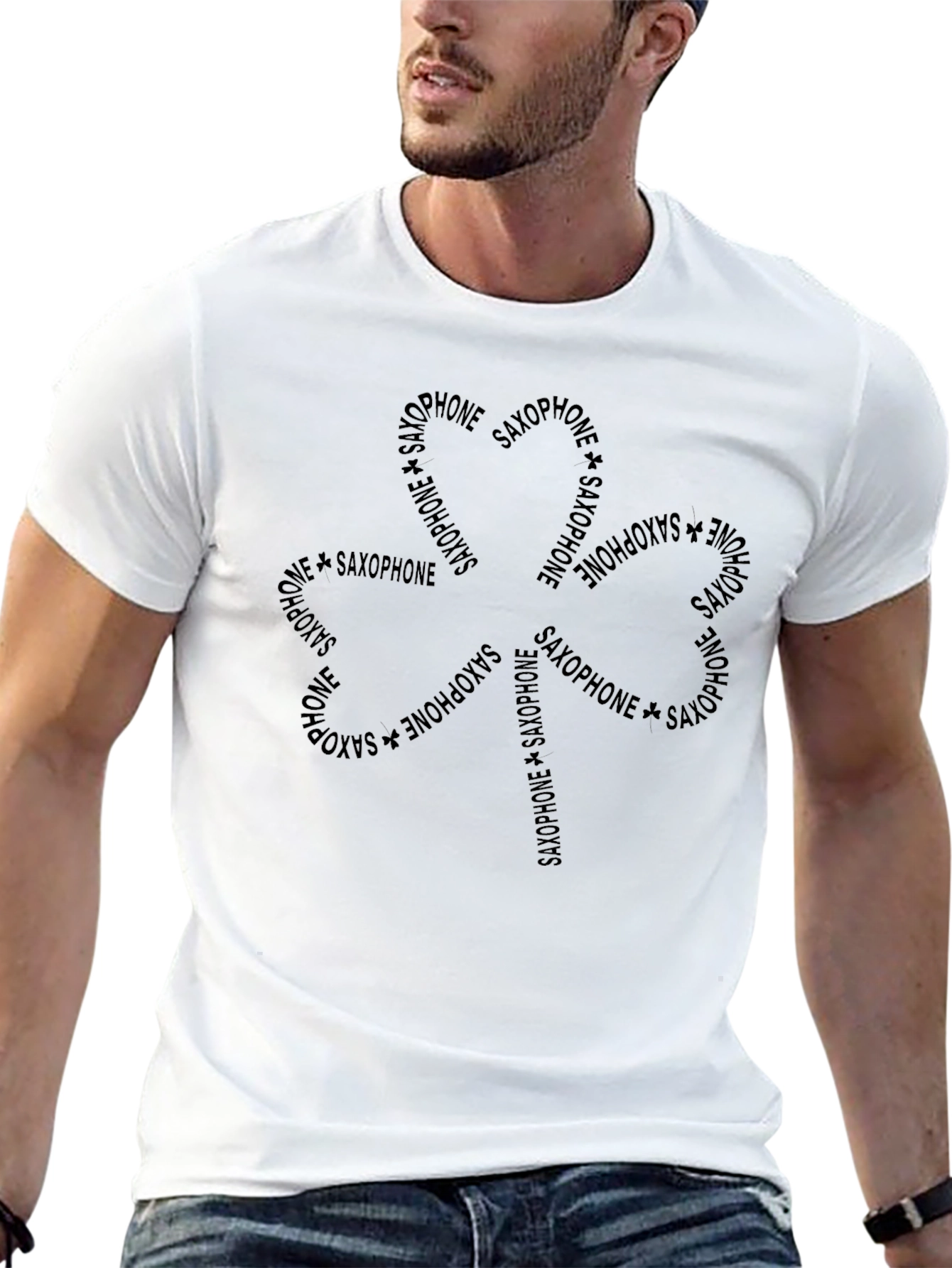 Saxophone Flower Graphic Tee - Black Cotton Casual Top