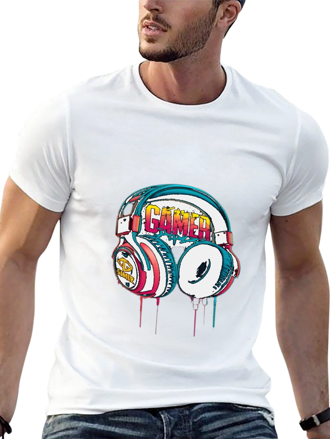 Gamer Headset Graphic Tee - Black Cotton Casual Shirt
