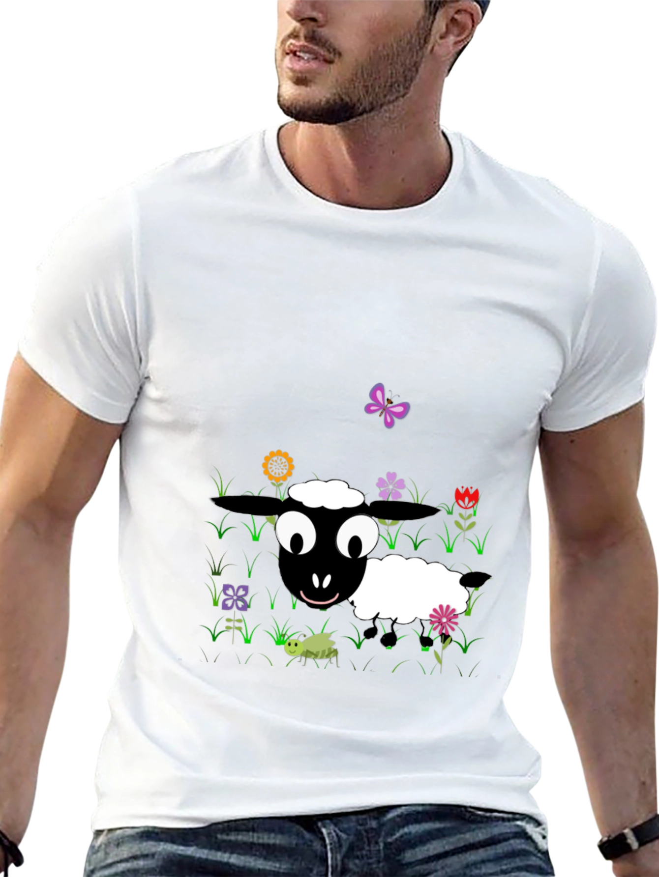 Cartoon Sheep Graphic Tee - Black