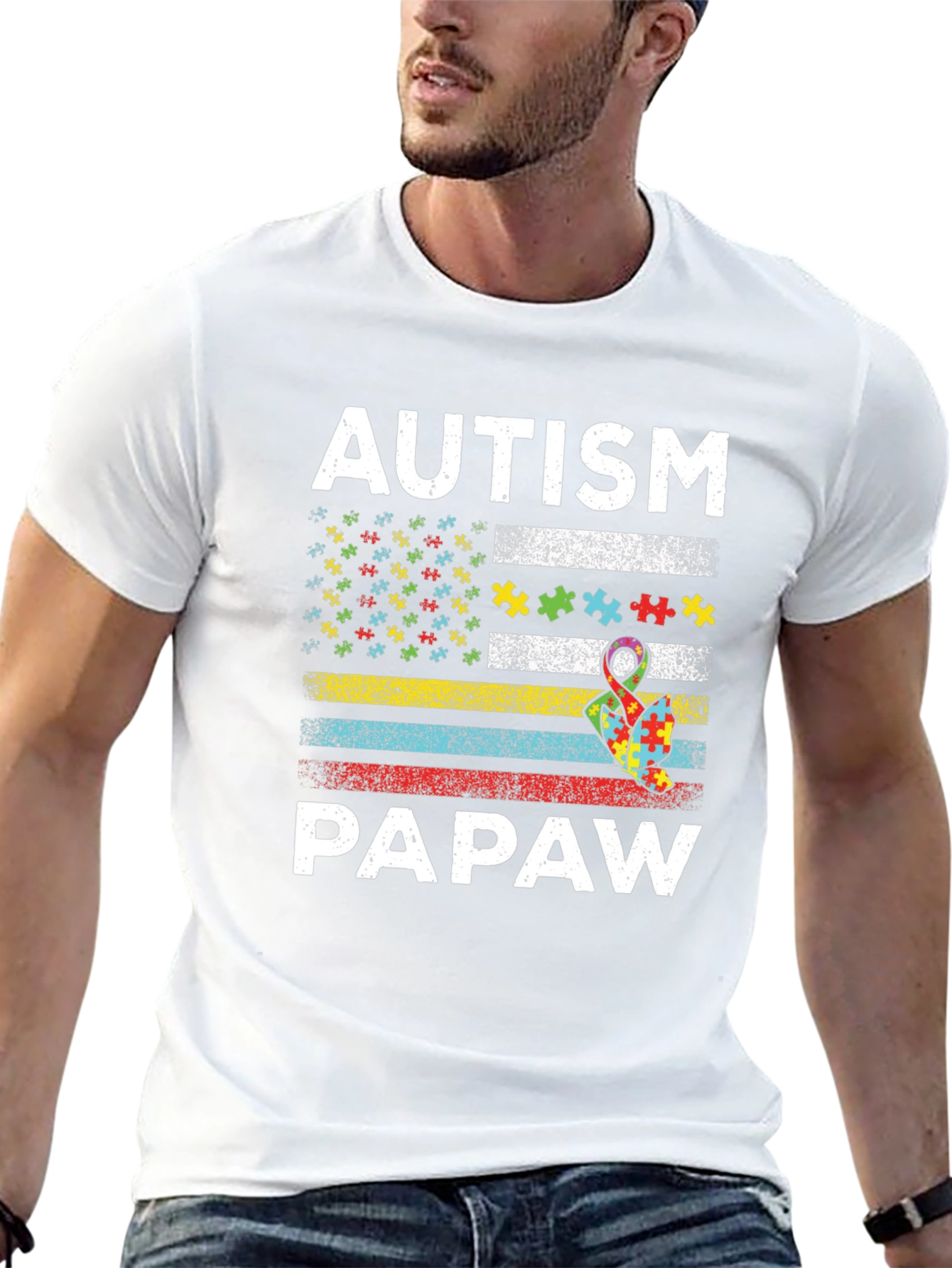Autism Papaw T-Shirt - Puzzle Ribbon US Flag