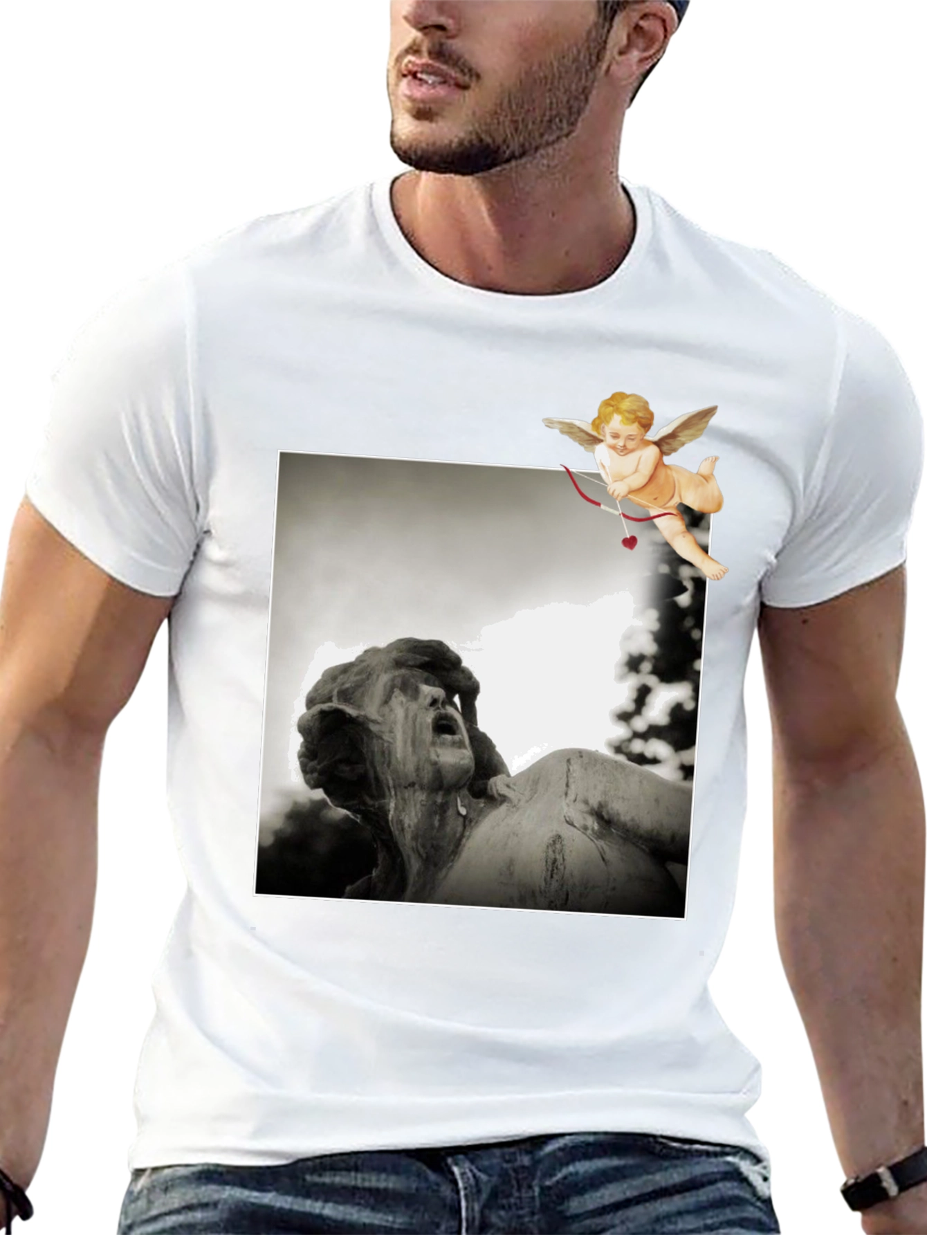 Cupid Statue Graphic Black T-Shirt