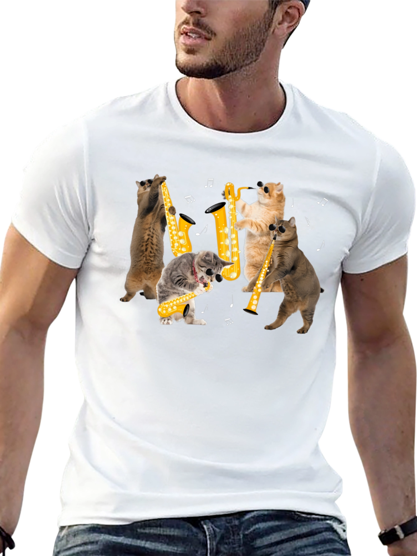 Cats Playing Saxophone Black T-Shirt