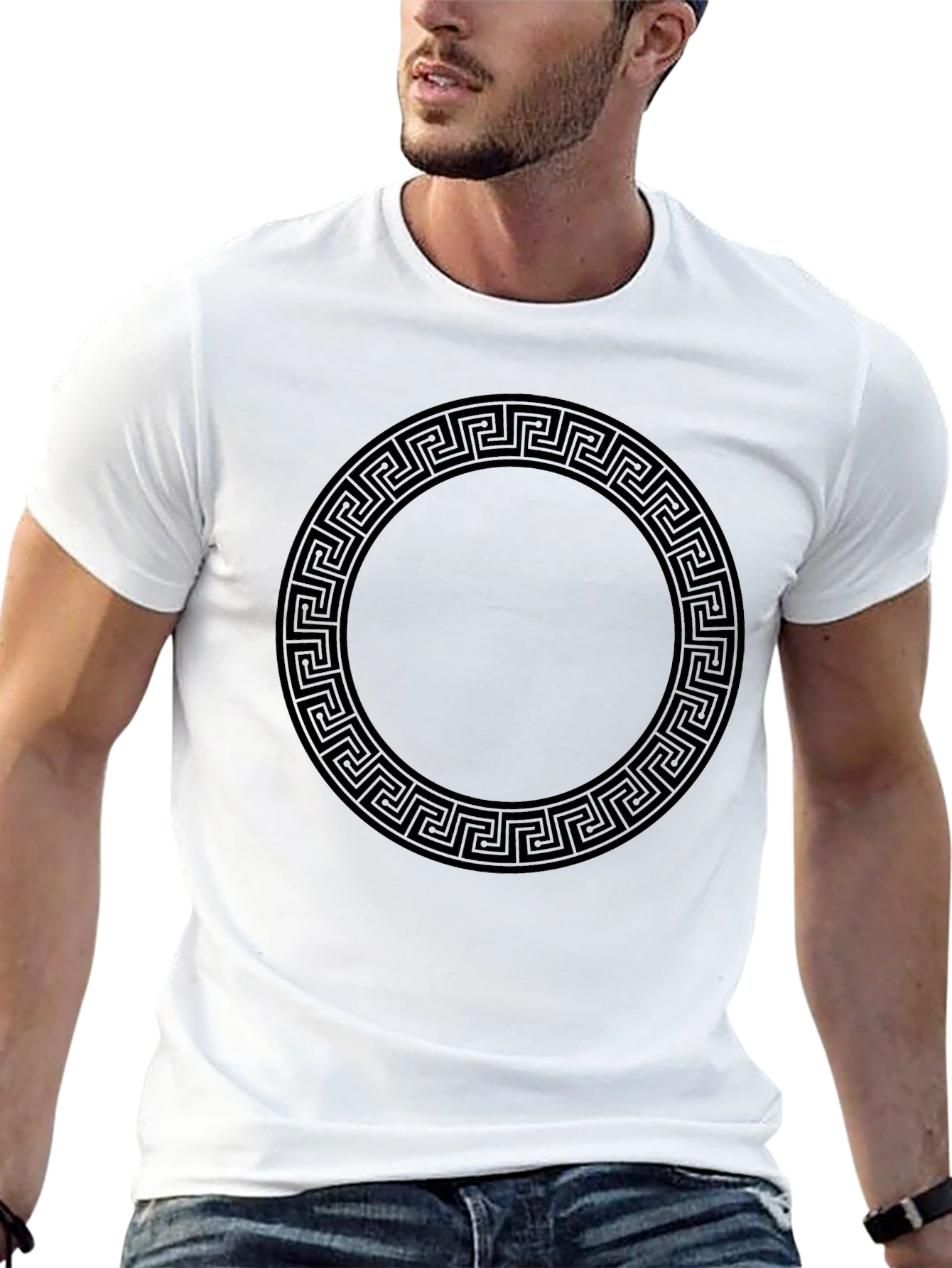 Black T-Shirt with Greek Key Circle Design