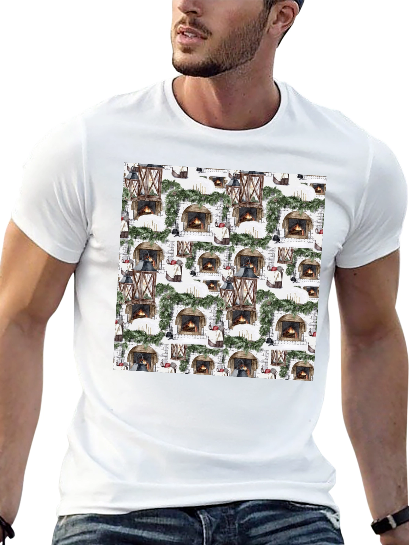 Festive Fireplace Pattern T-Shirt