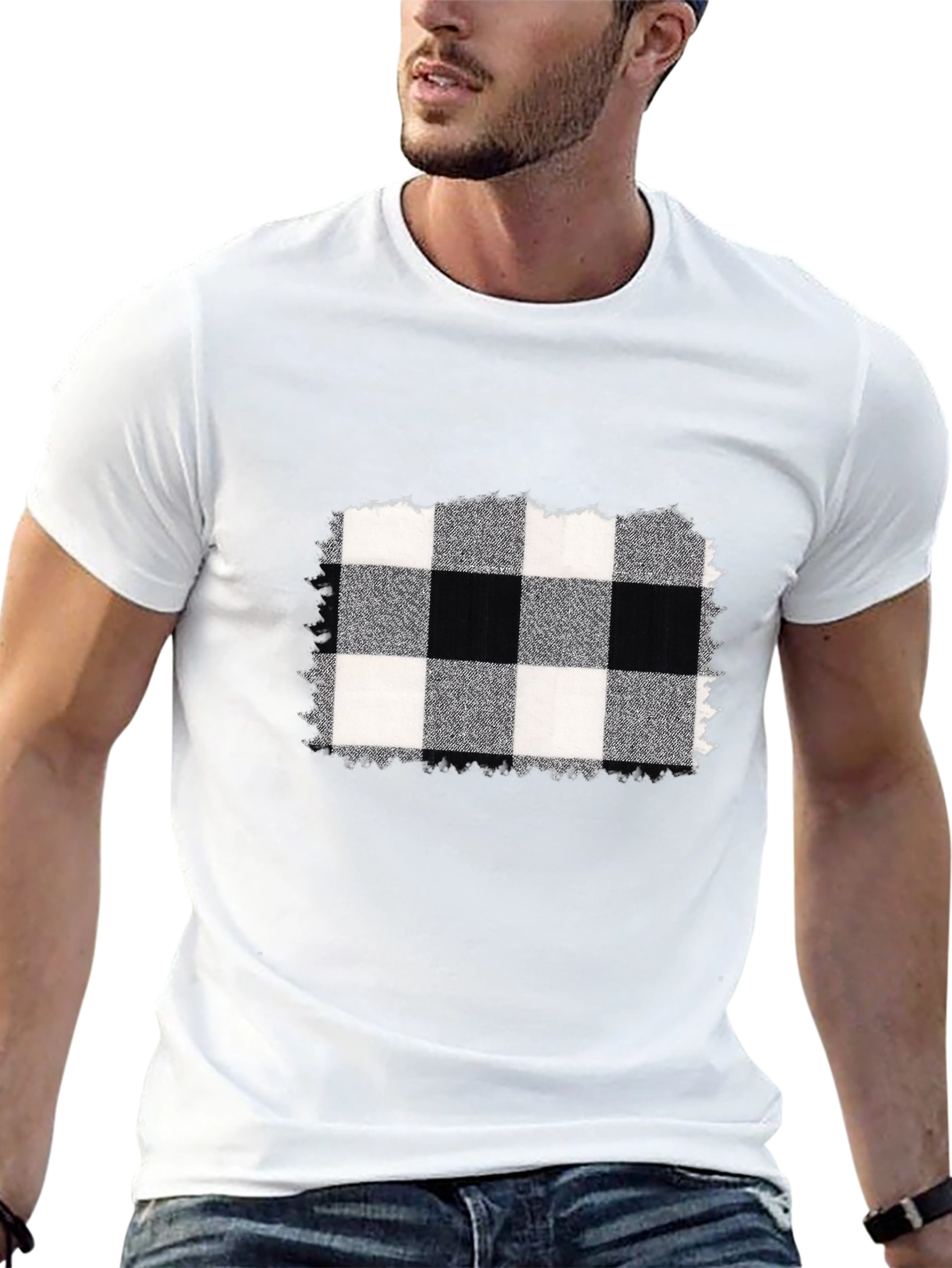 Black Tee with Buffalo Plaid Graphic