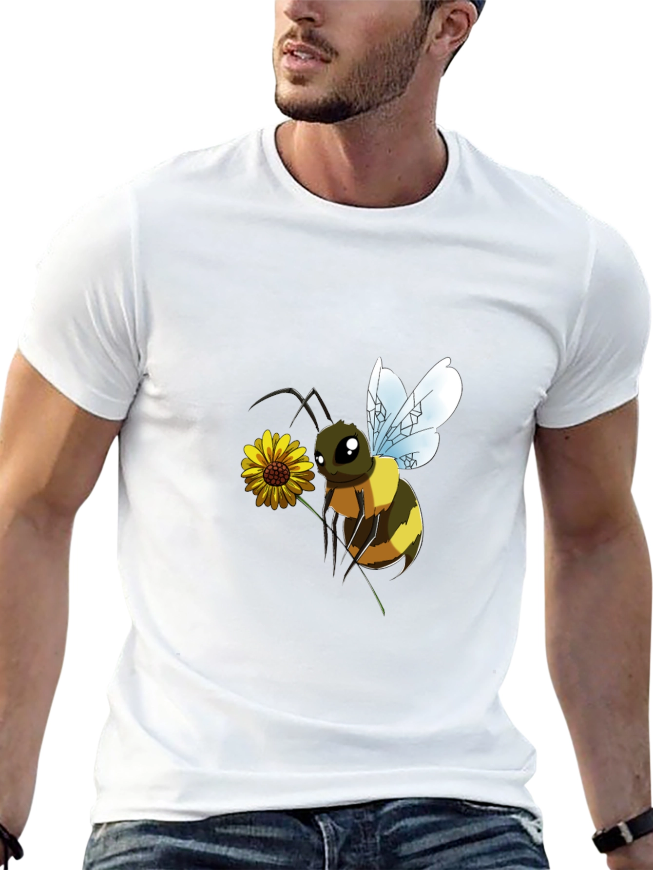 Cartoon Bee & Flower Black T-Shirt