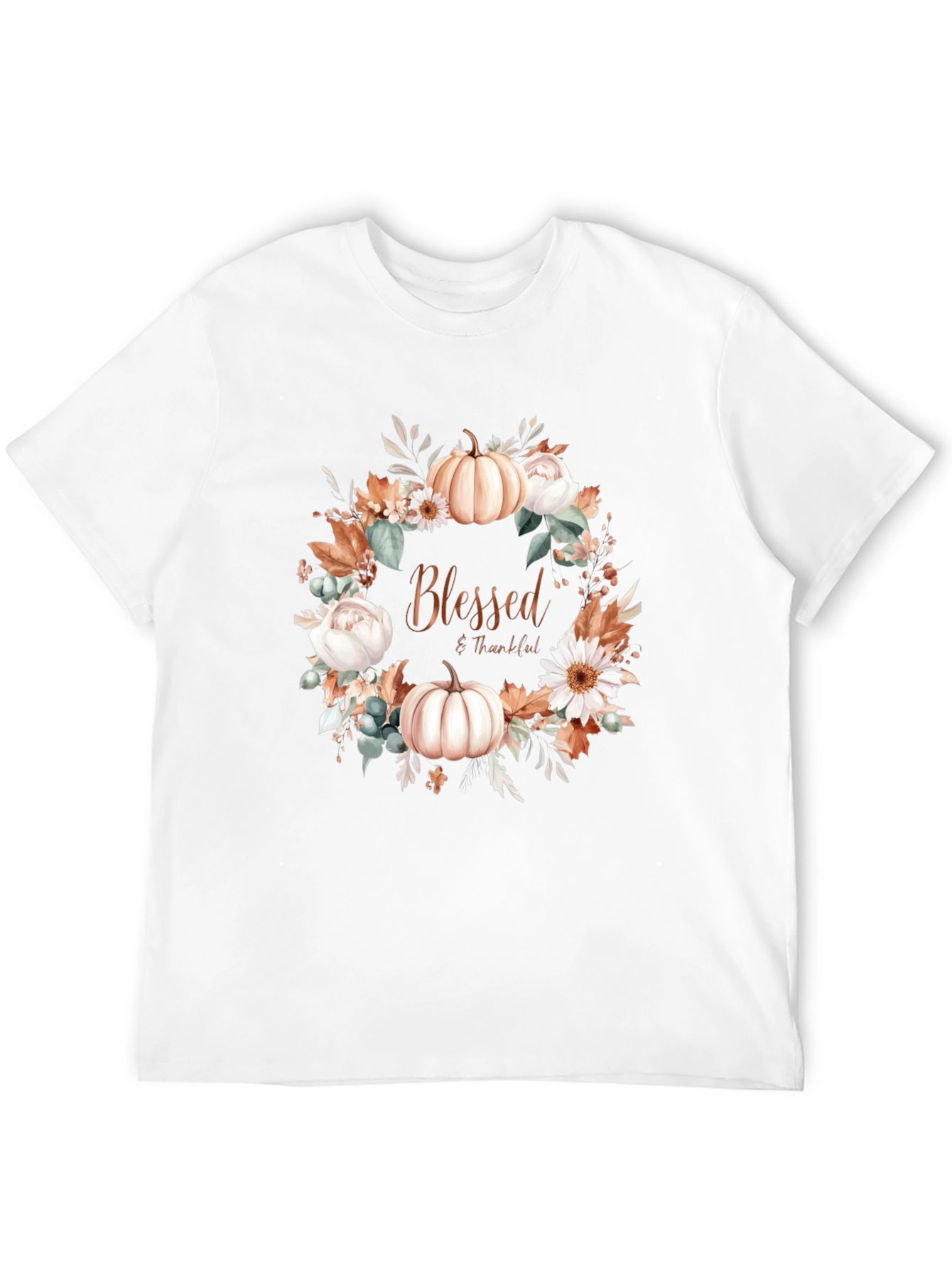 Blessed & Thankful Pumpkin Floral Wreath T-Shirt