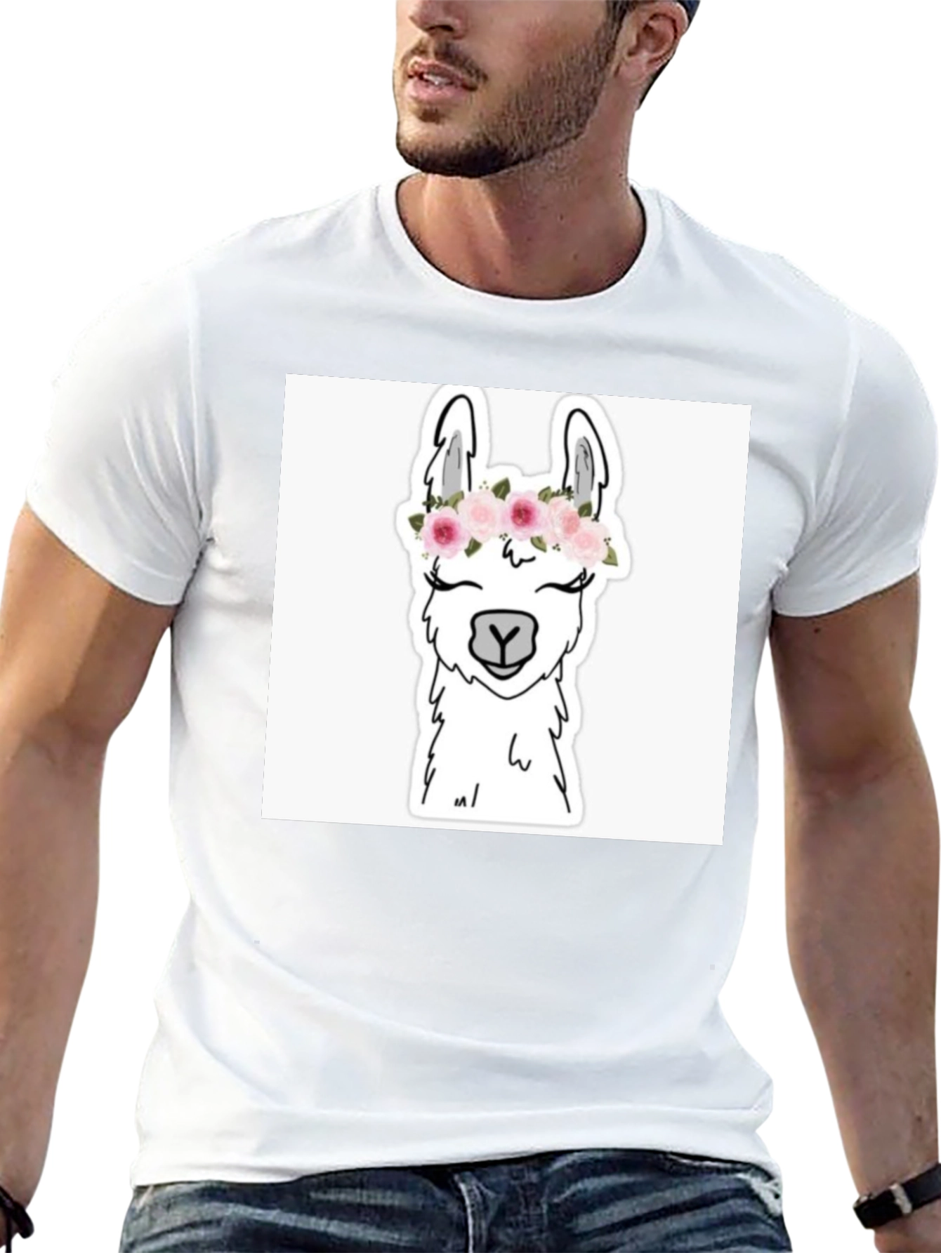 Llama with Flowers Black T-Shirt