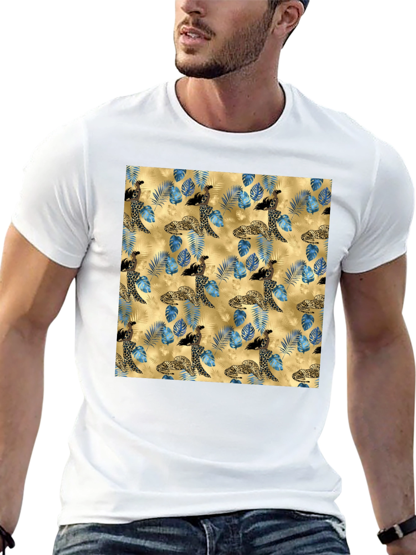 Exotic Leopard & Floral Print Mens T-Shirt