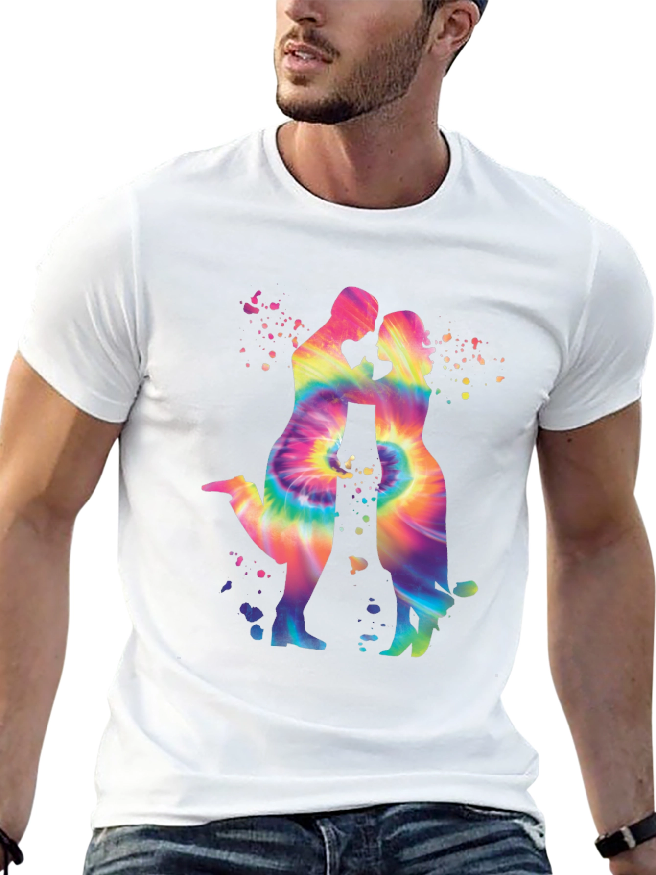 Tie-Dye Couple Silhouette Graphic Tee - Trendy Black T-Shirt