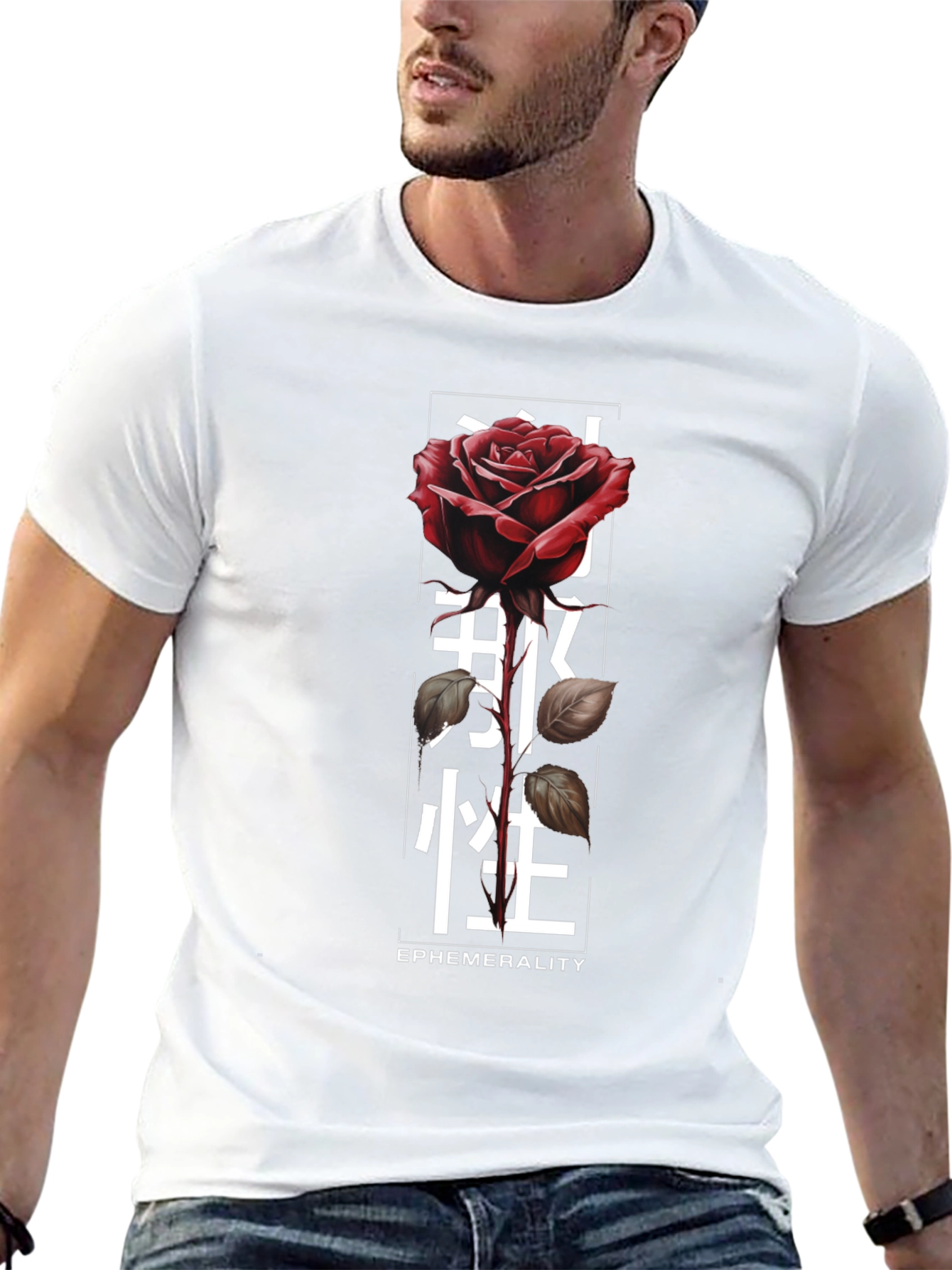 Rose & Japanese Text Graphic T-Shirt