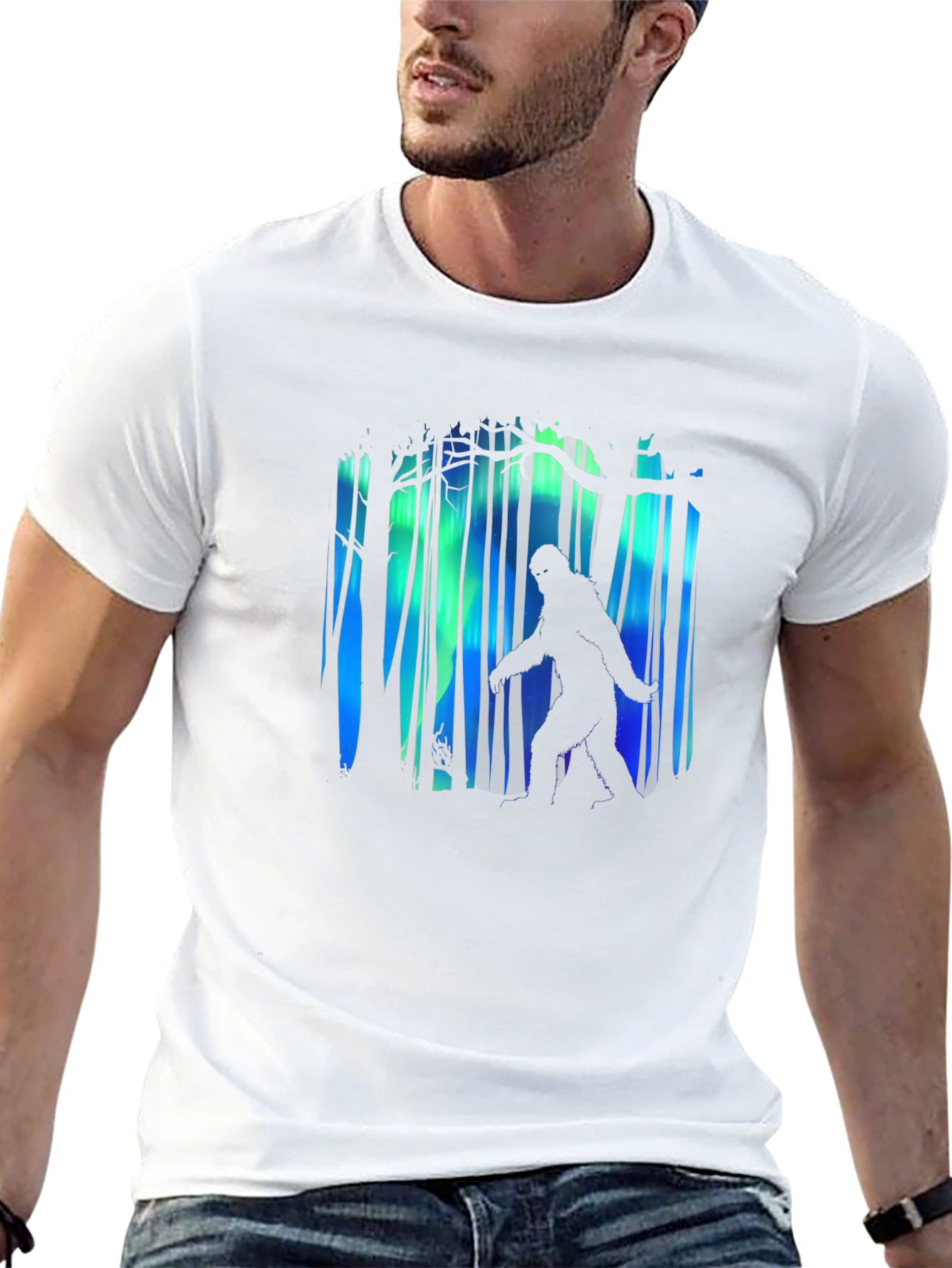 Bigfoot Aurora Borealis Mens Black T-Shirt