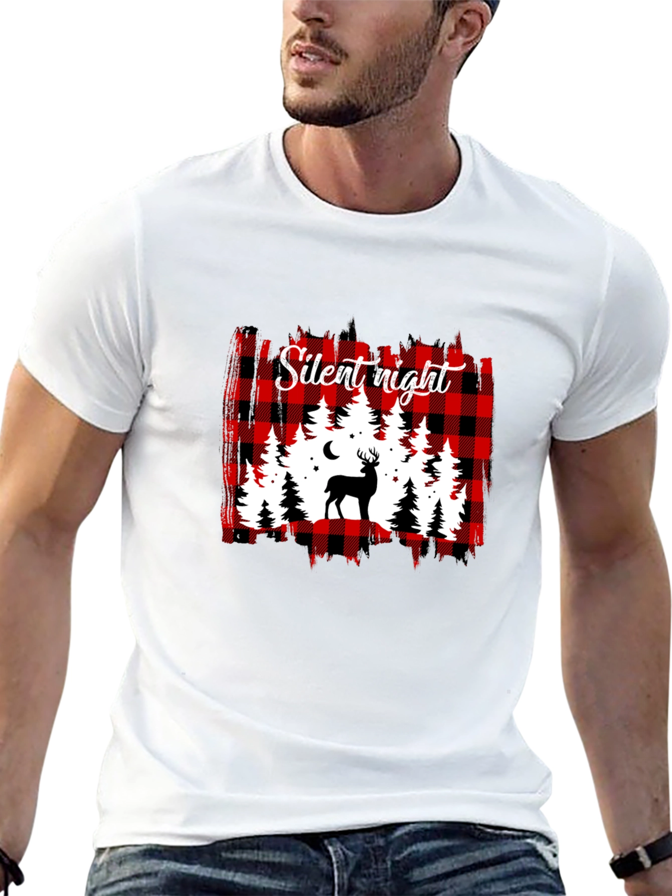 Silent Night Buffalo Plaid Deer T-Shirt