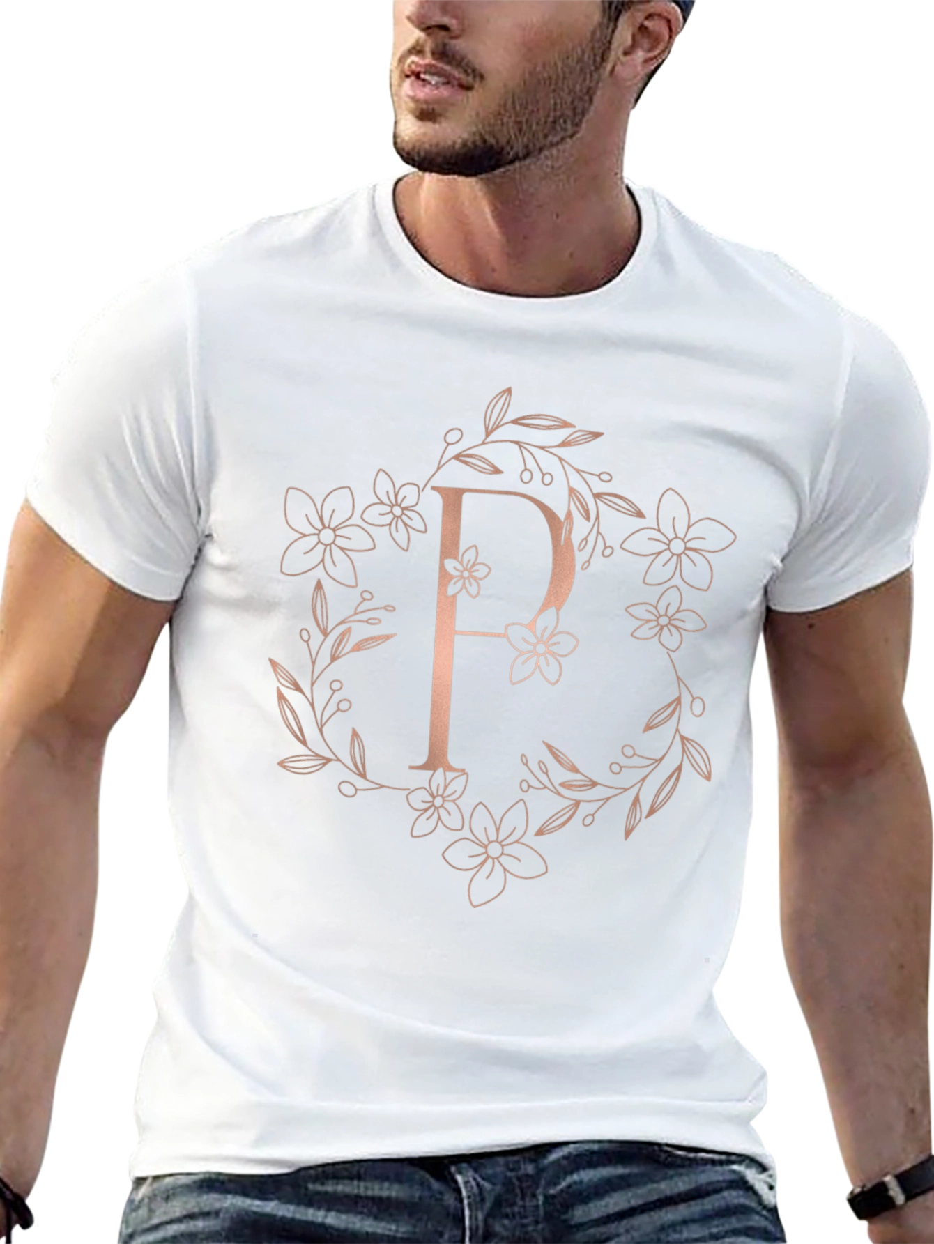 Elegant Floral P Letter Black T-Shirt