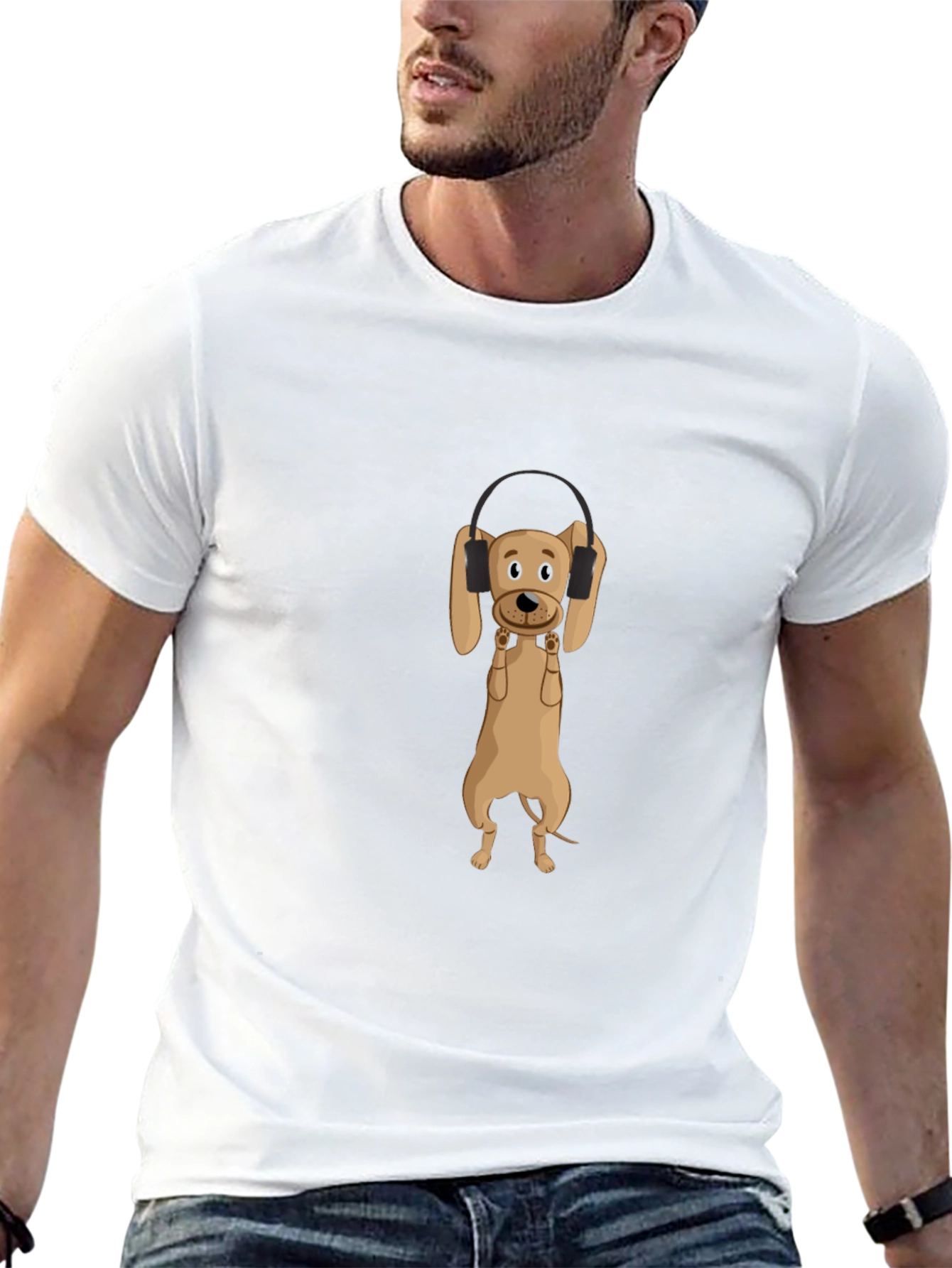 Dog Wearing Headphones Black T-Shirt