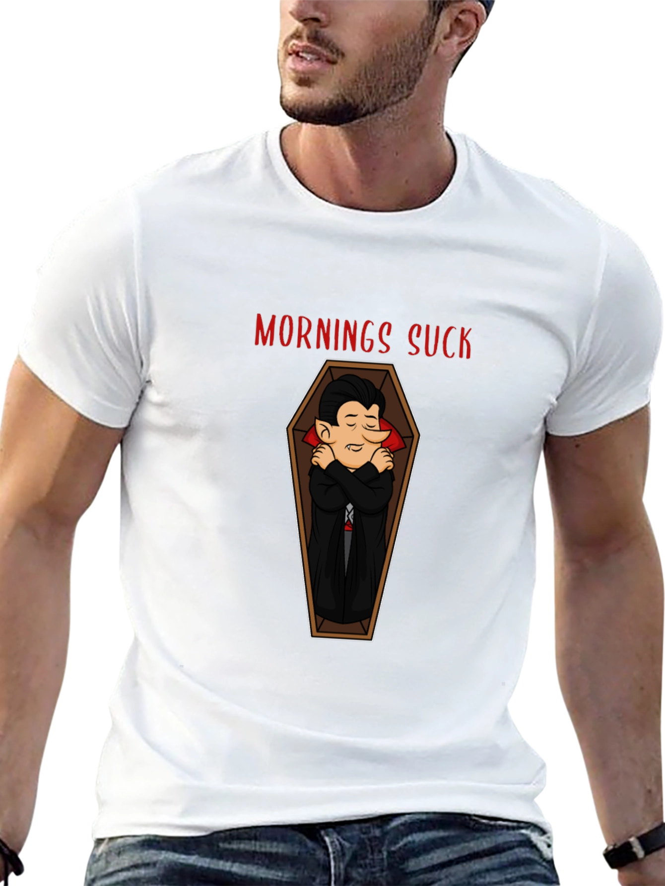 Mornings Suck Vampire Coffin Graphic Tee