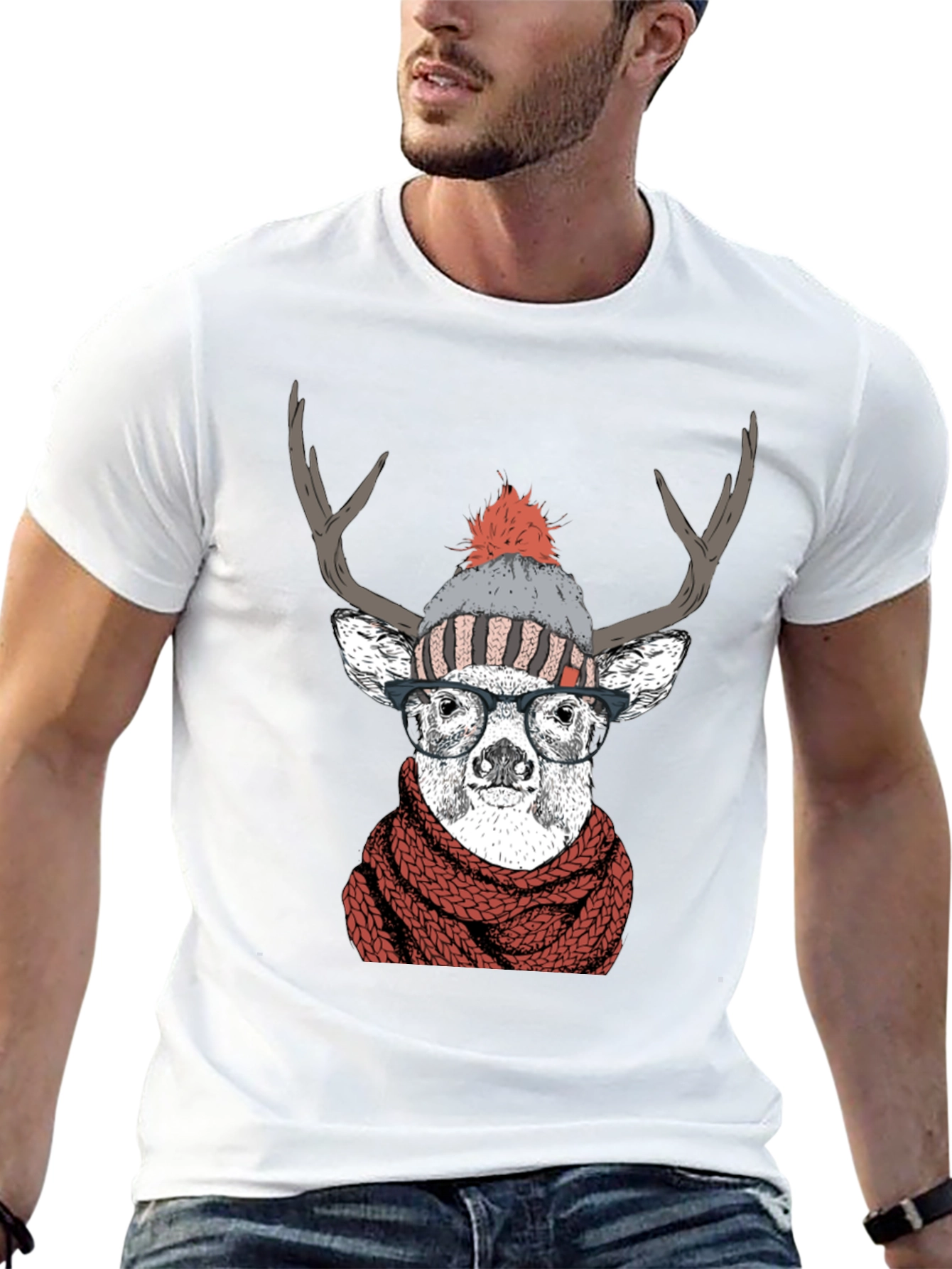 Hipster Deer Graphic Tee - Antler Scarf & Glasses