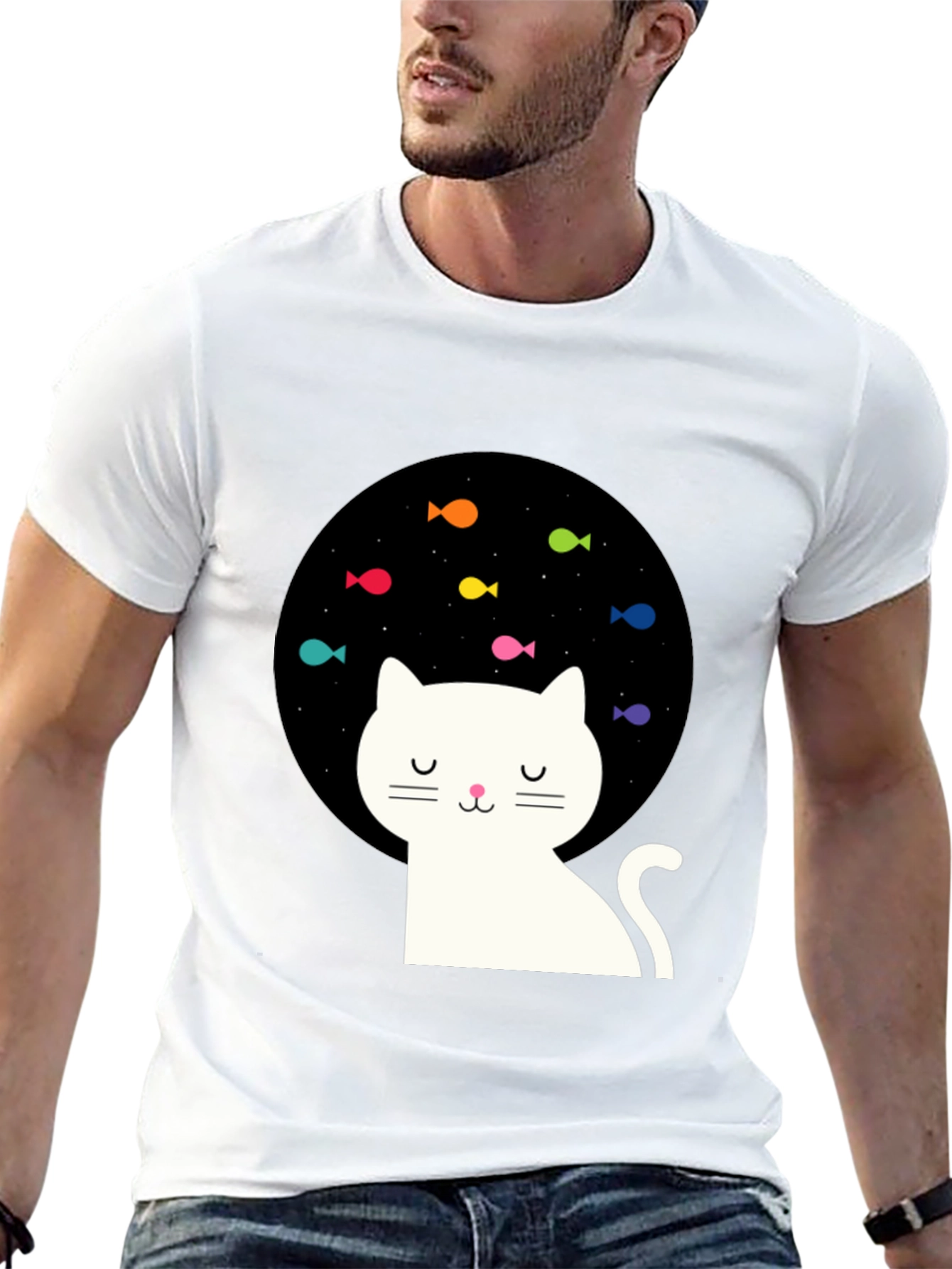 Dreamy Cat Black T-Shirt with Fish Design