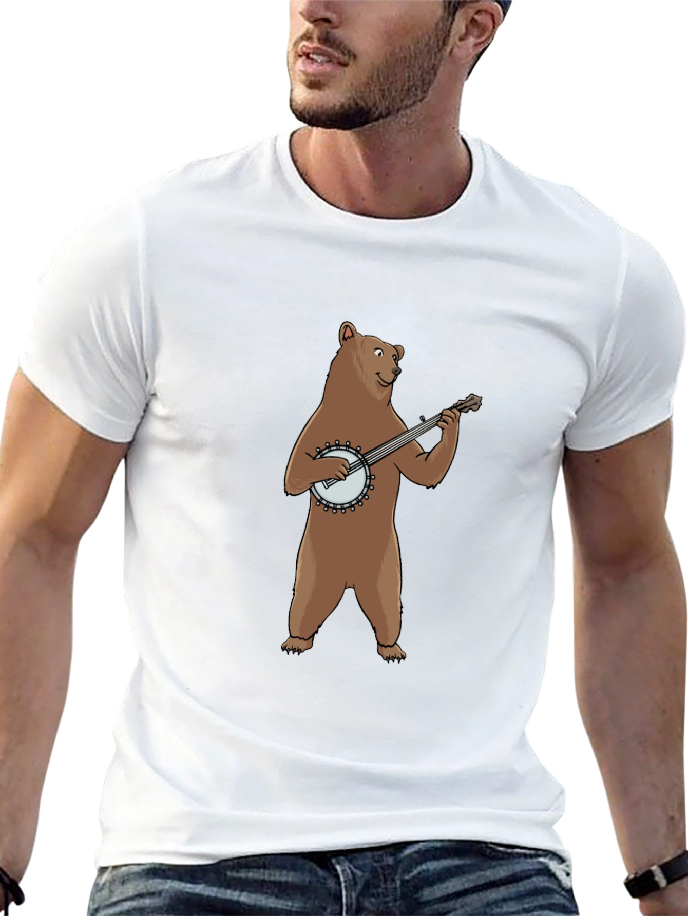 Bear Playing Banjo Graphic Tee - Black Cotton T-Shirt