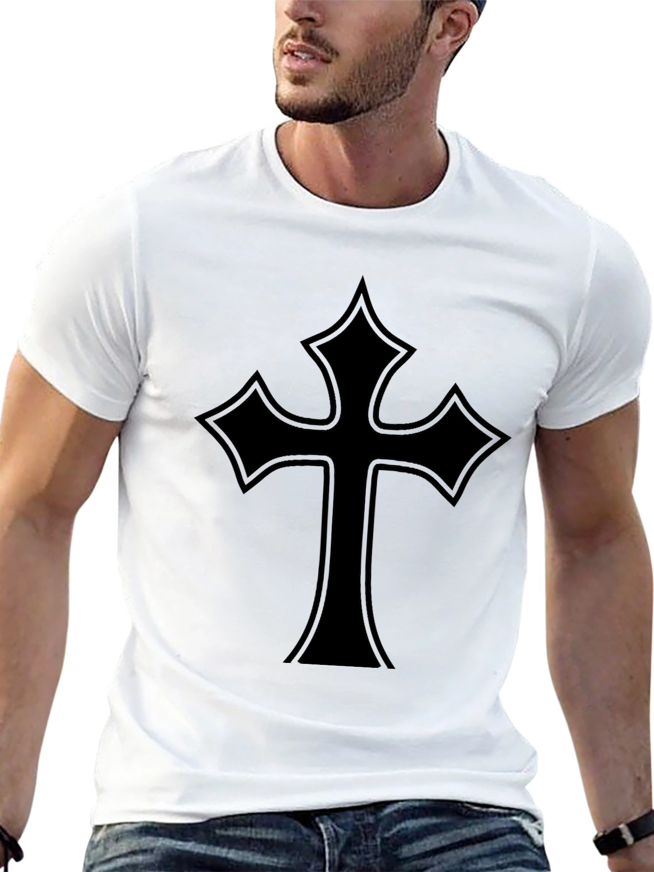 Mens Black T-Shirt with Gothic Cross Design