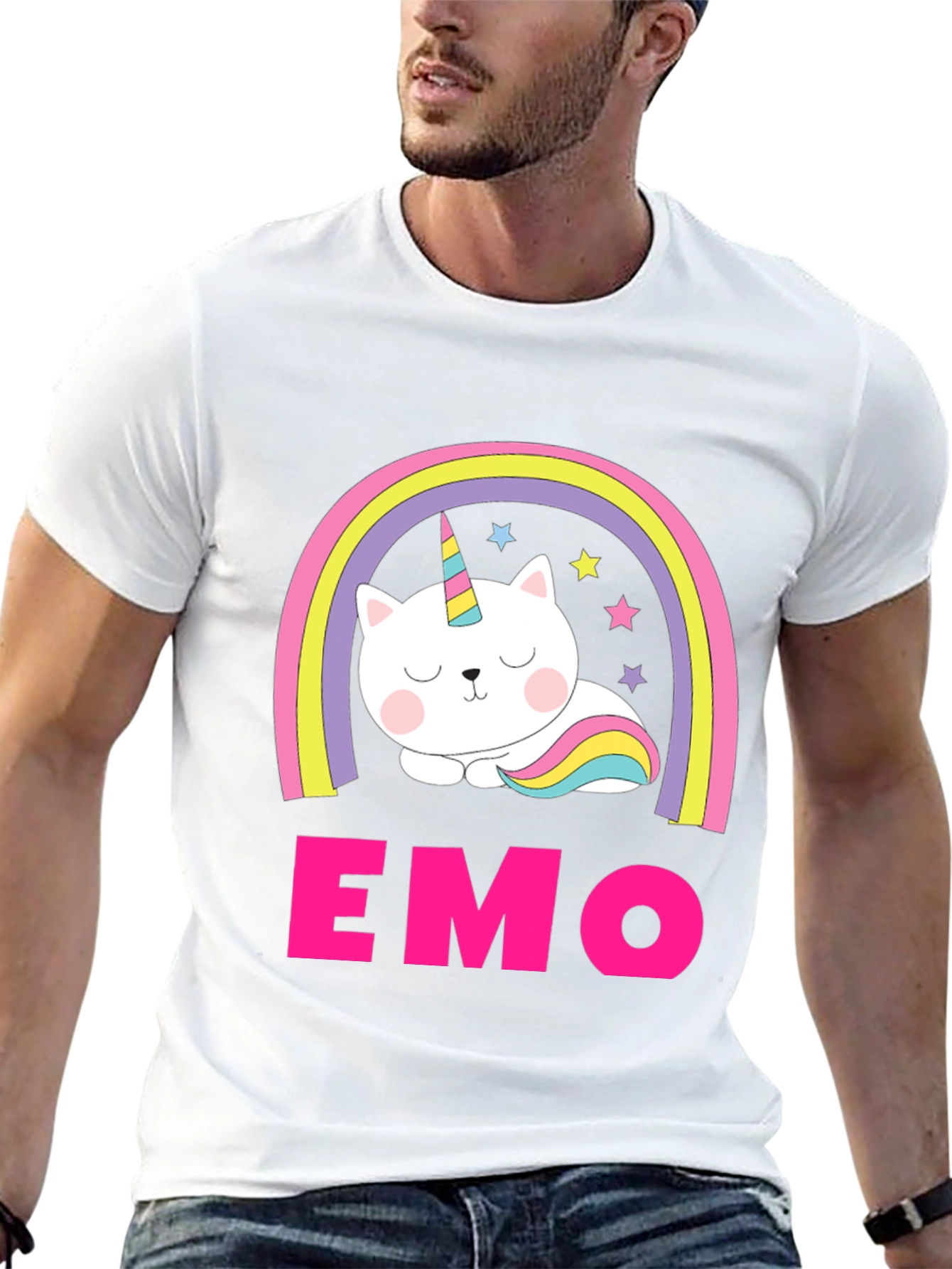 Emo Cat Unicorn Rainbow Graphic T-Shirt