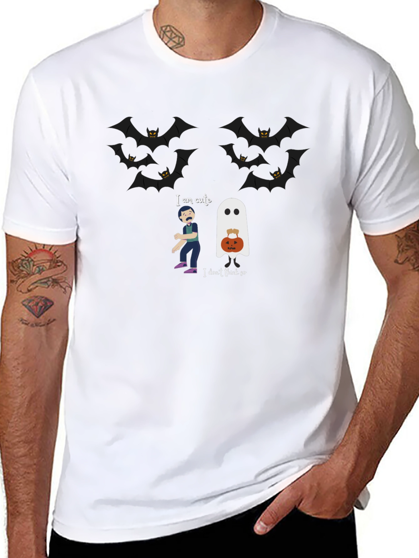 Halloween Ghost & Bats Graphic Black T-Shirt
