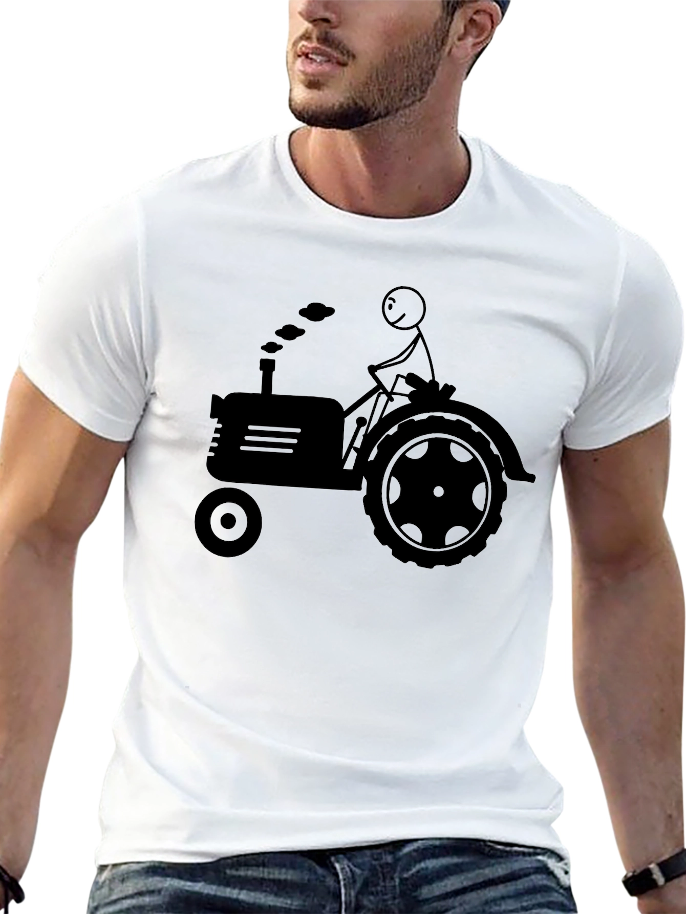 Stick Figure Farmer Tractor Graphic Tee - Black