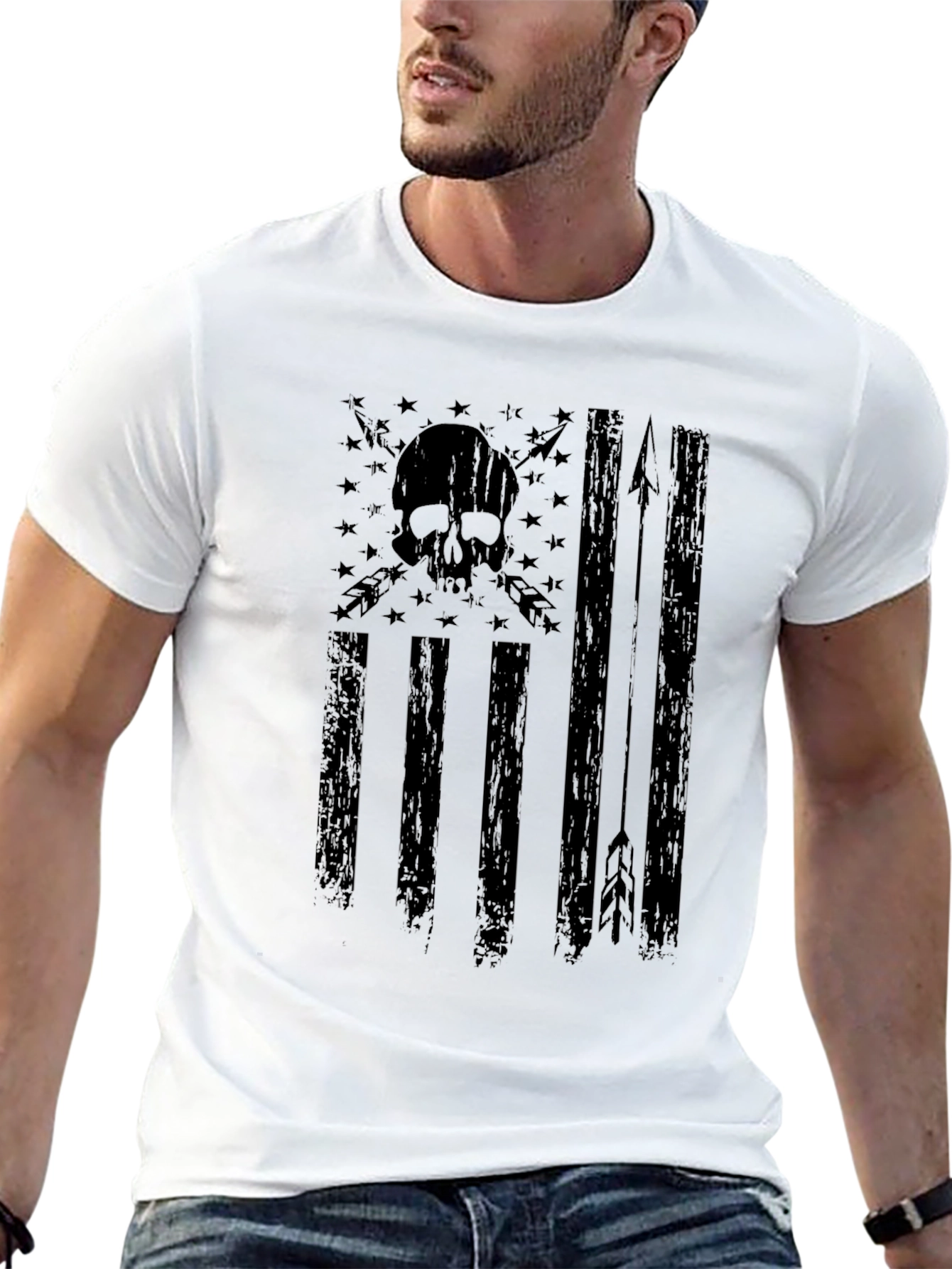 Skull American Flag Graphic T-Shirt - Black