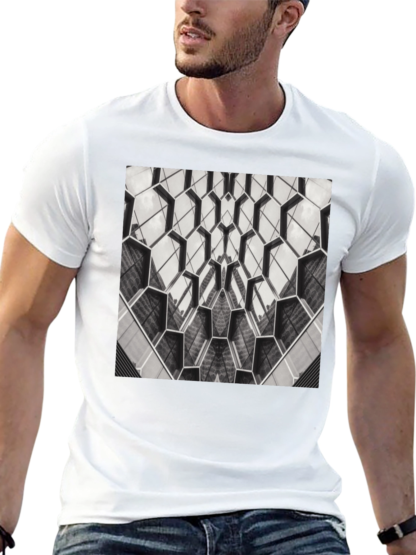 Geometric Hexagon Pattern Black T-Shirt