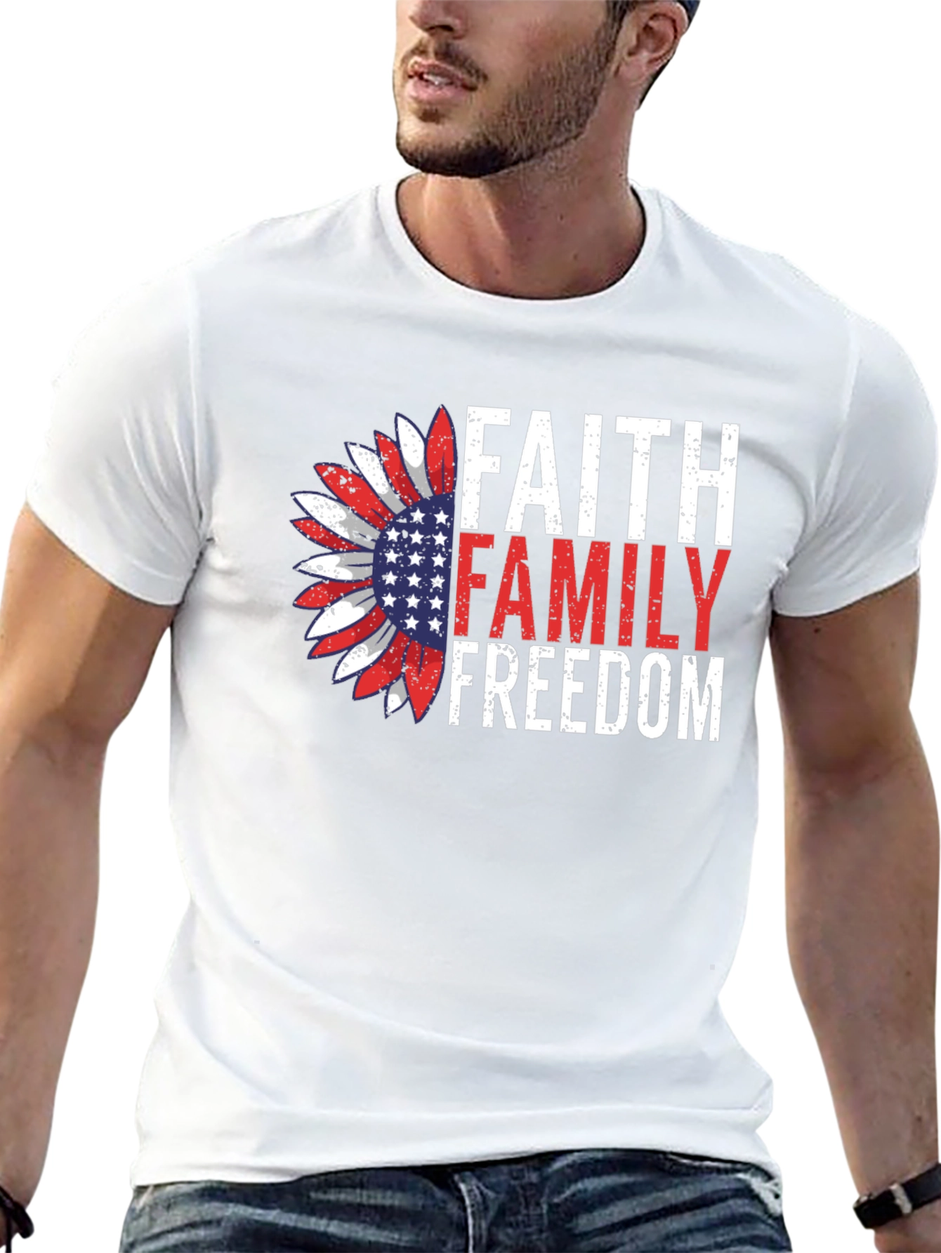 Faith Family Freedom Graphic Tee - Patriotic Sunflower Design