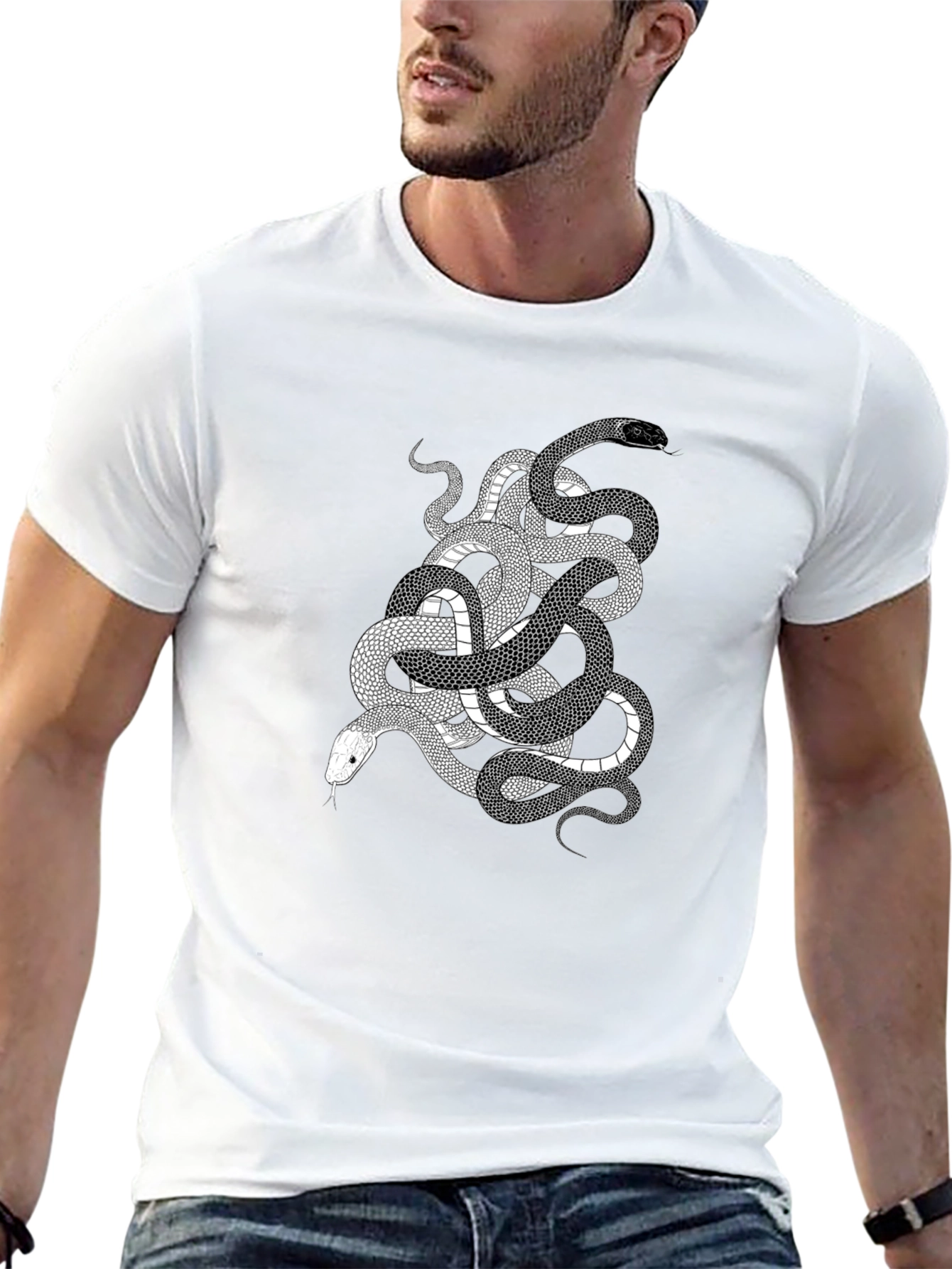 Snake Print Graphic Tee - Black Cotton T-Shirt