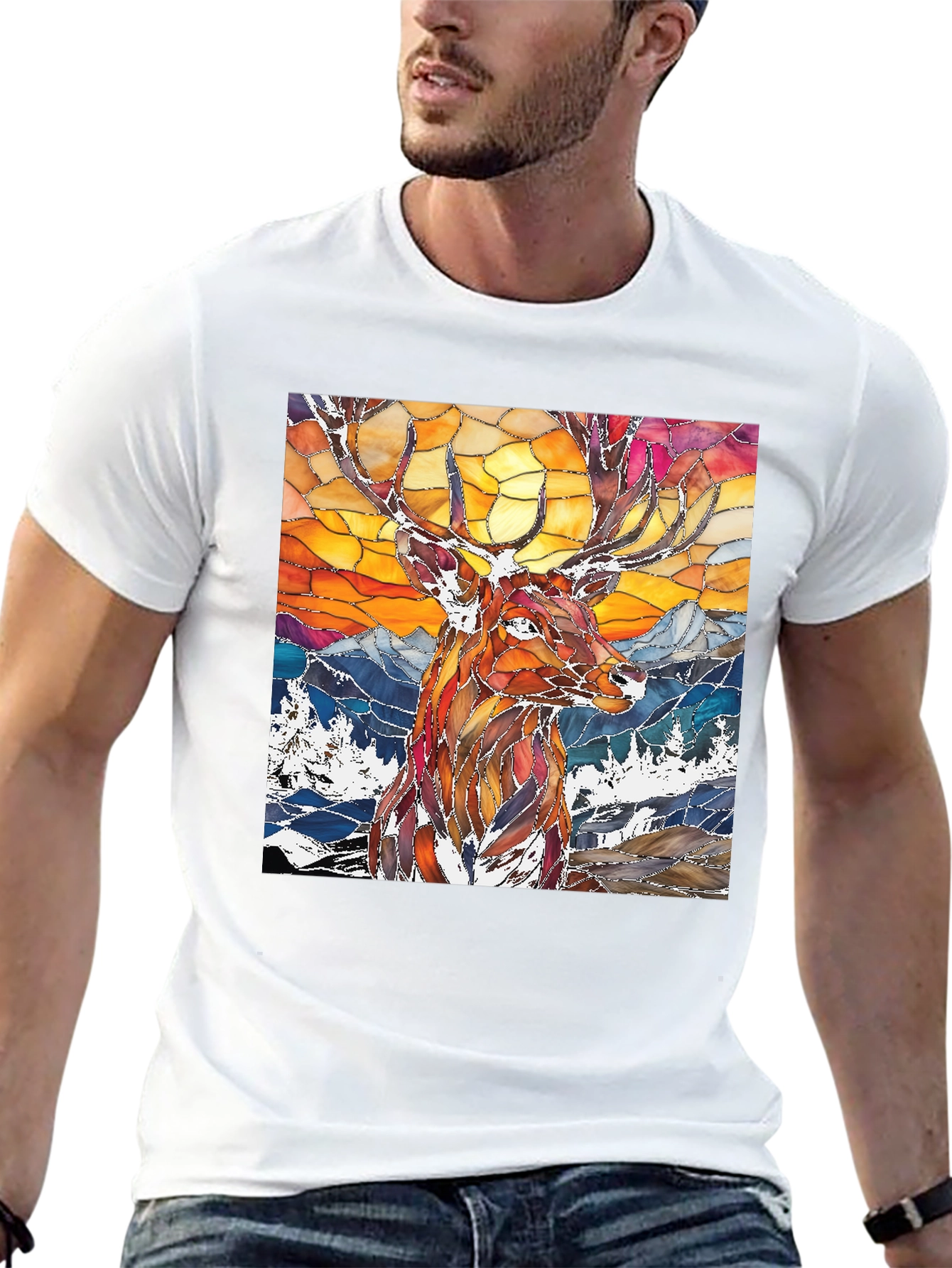Stained Glass Deer Graphic Tee - Mens Black T-Shirt