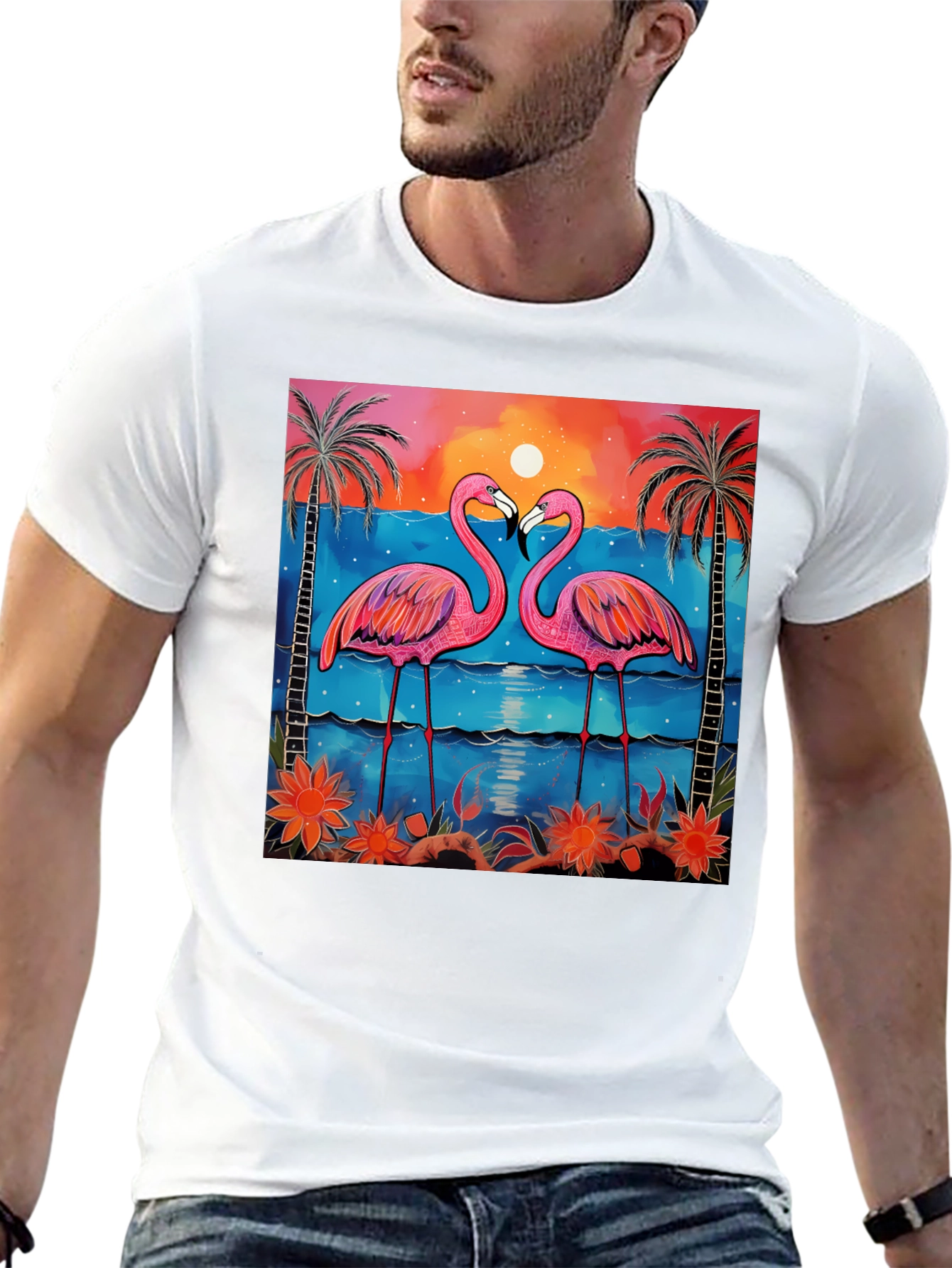 Tropical Flamingo Sunset Graphic Tee