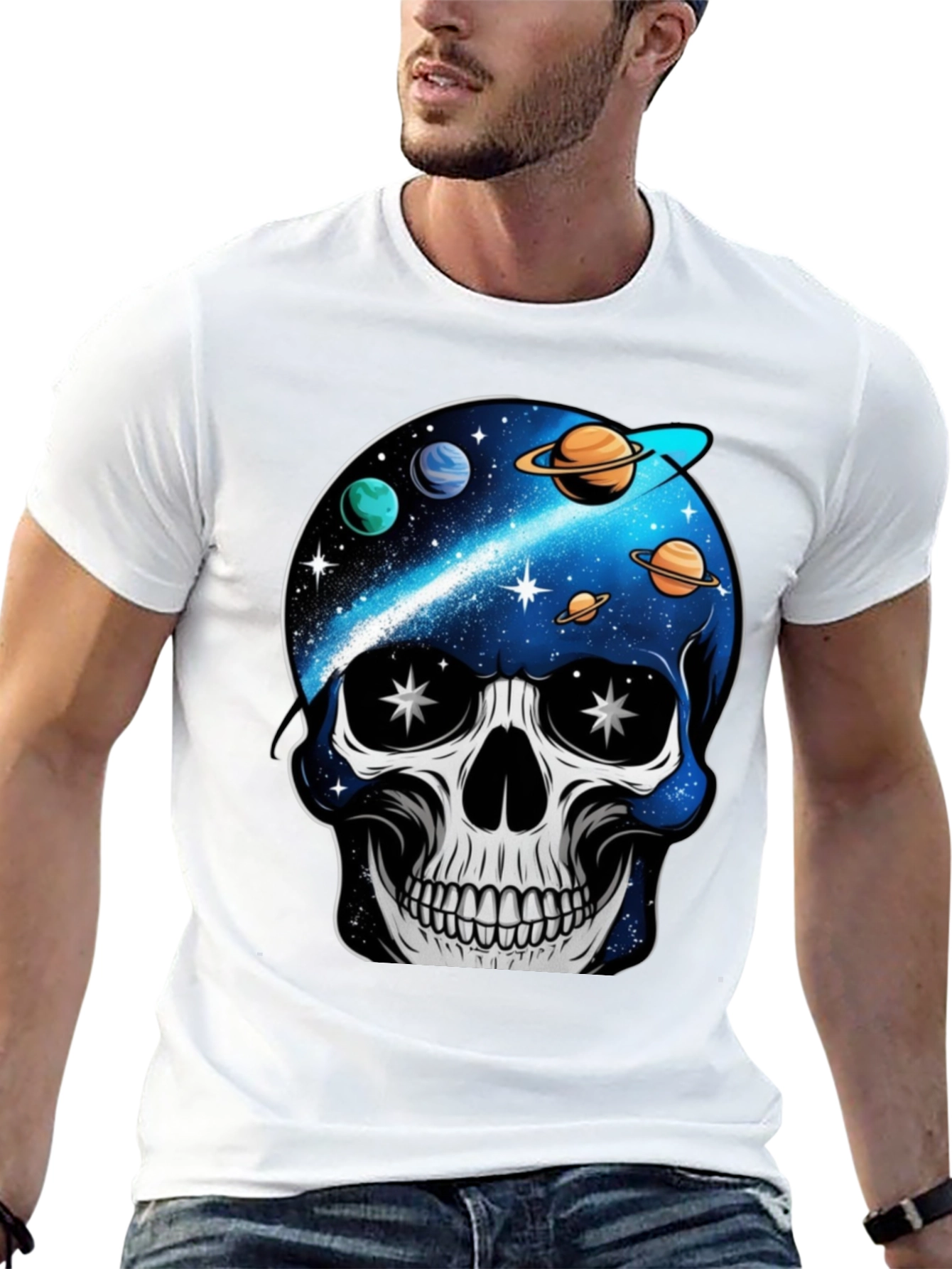 Space Skull Graphic Print T-Shirt - Unique Galaxy Design