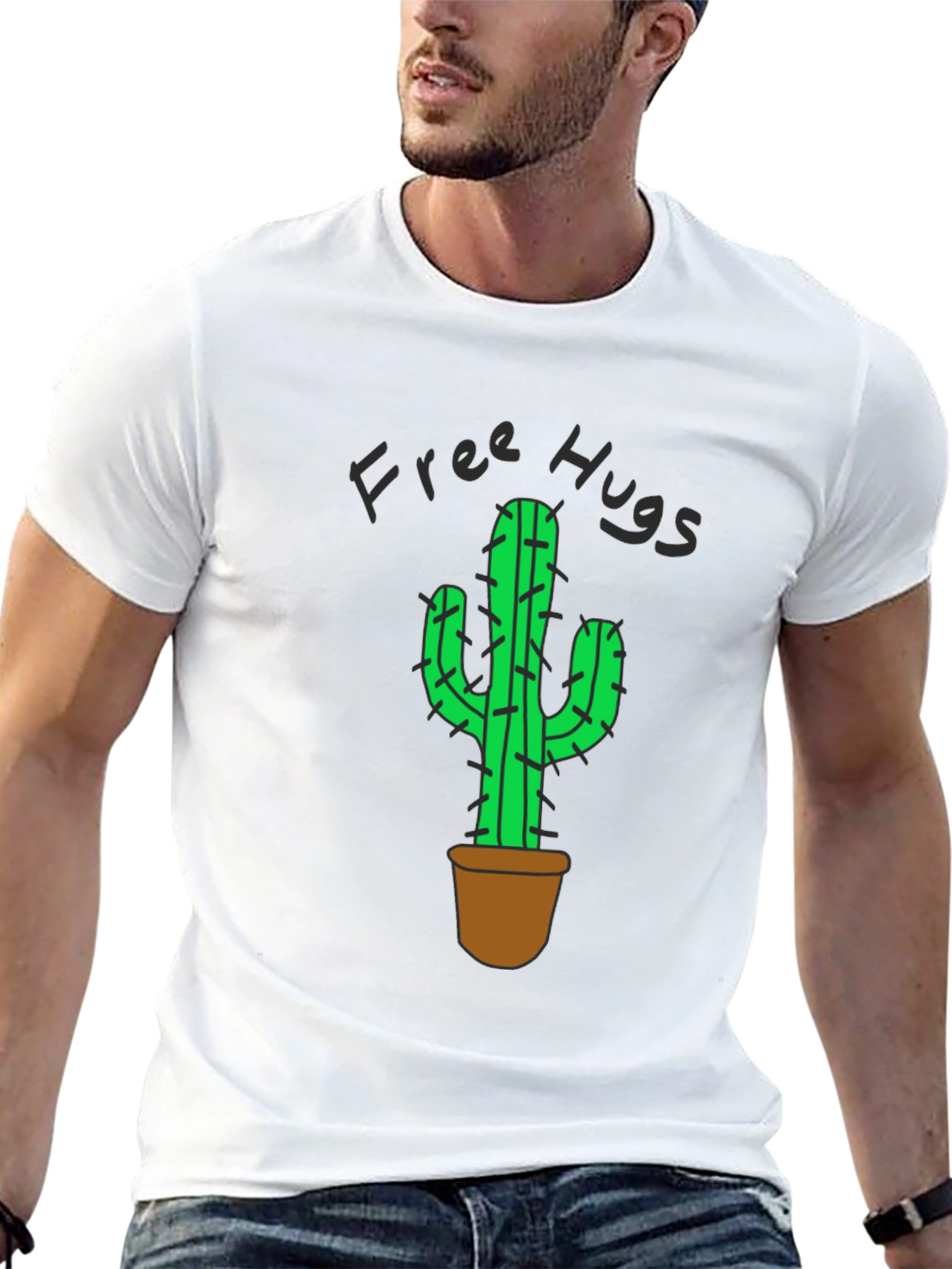 Free Hugs Cactus Graphic T-Shirt - Black Cotton Tee