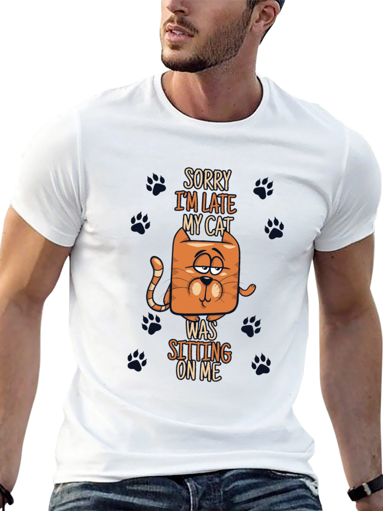 Funny Cat Graphic Tee - Sorry Im Late