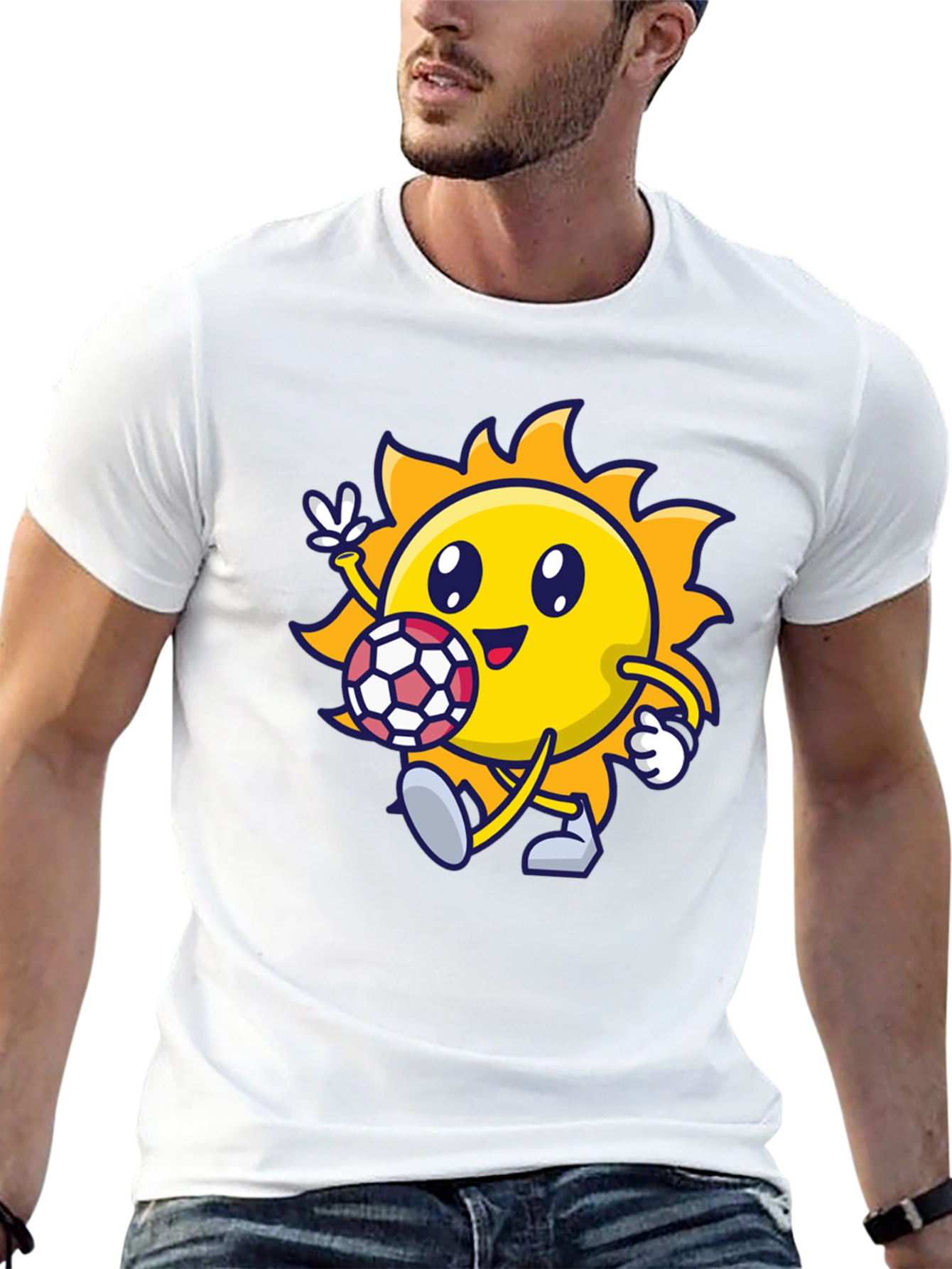 Cartoon Sun Soccer Black T-Shirt