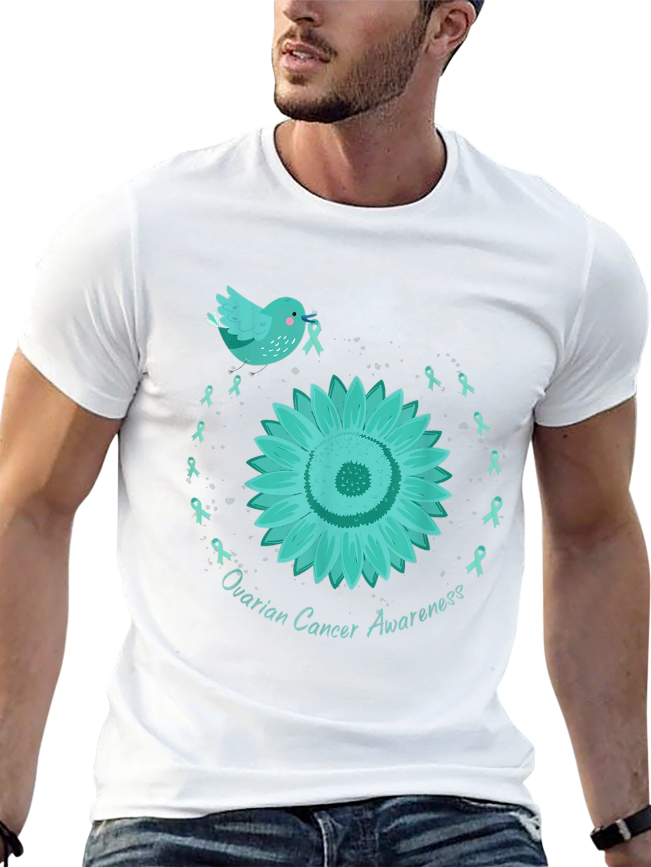 Ovarian Cancer Awareness T-Shirt with Teal Ribbon Sunflower