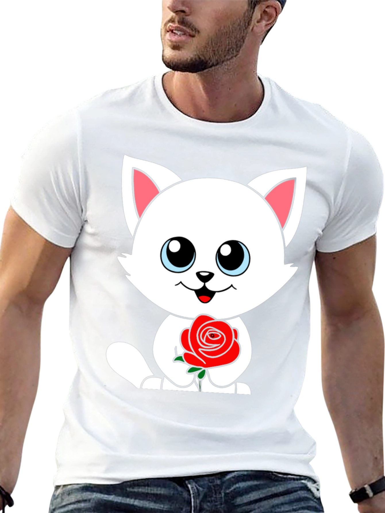 Cute Cat Rose Graphic Black T-Shirt