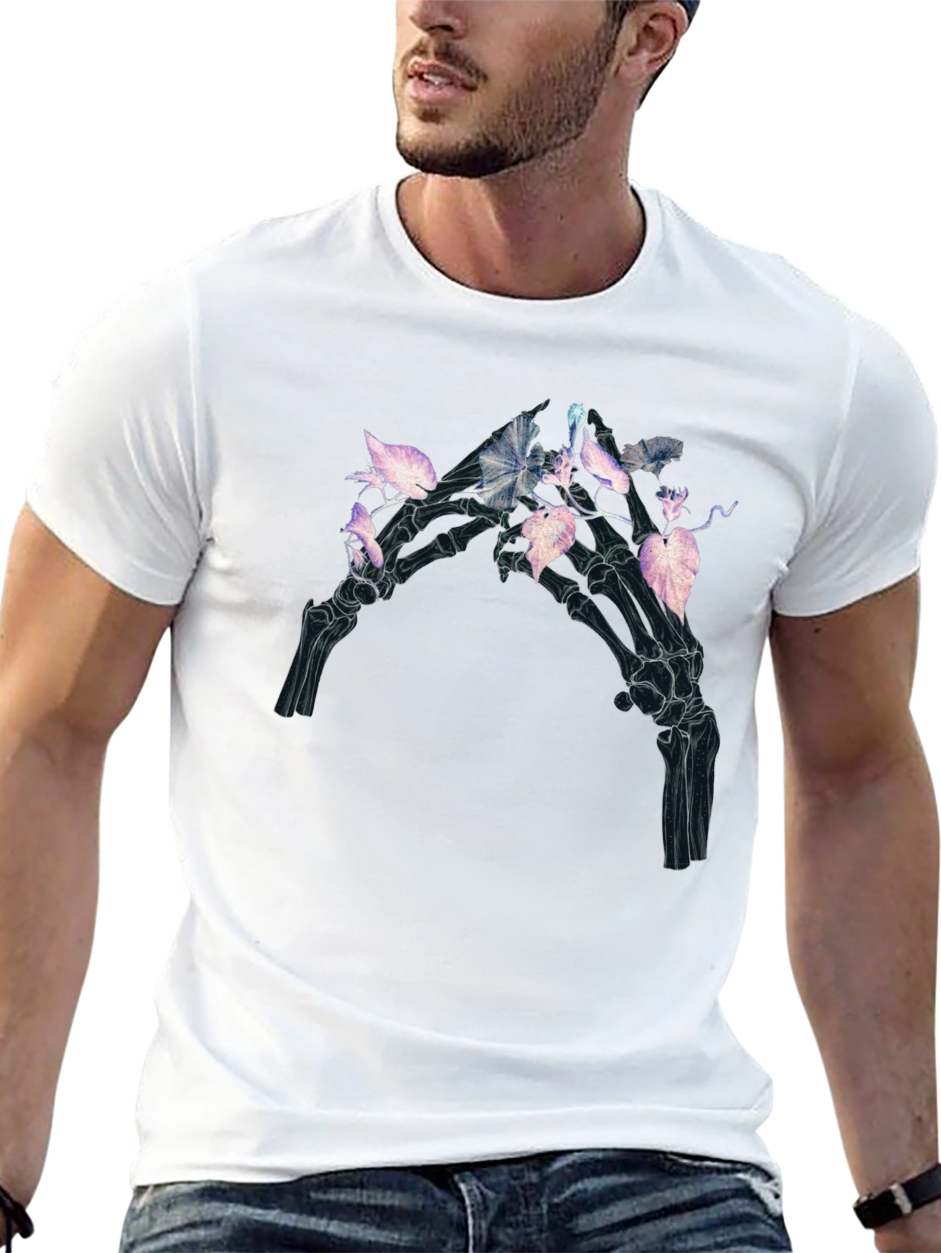 Floral Skeleton Hand Graphic Tee - Black