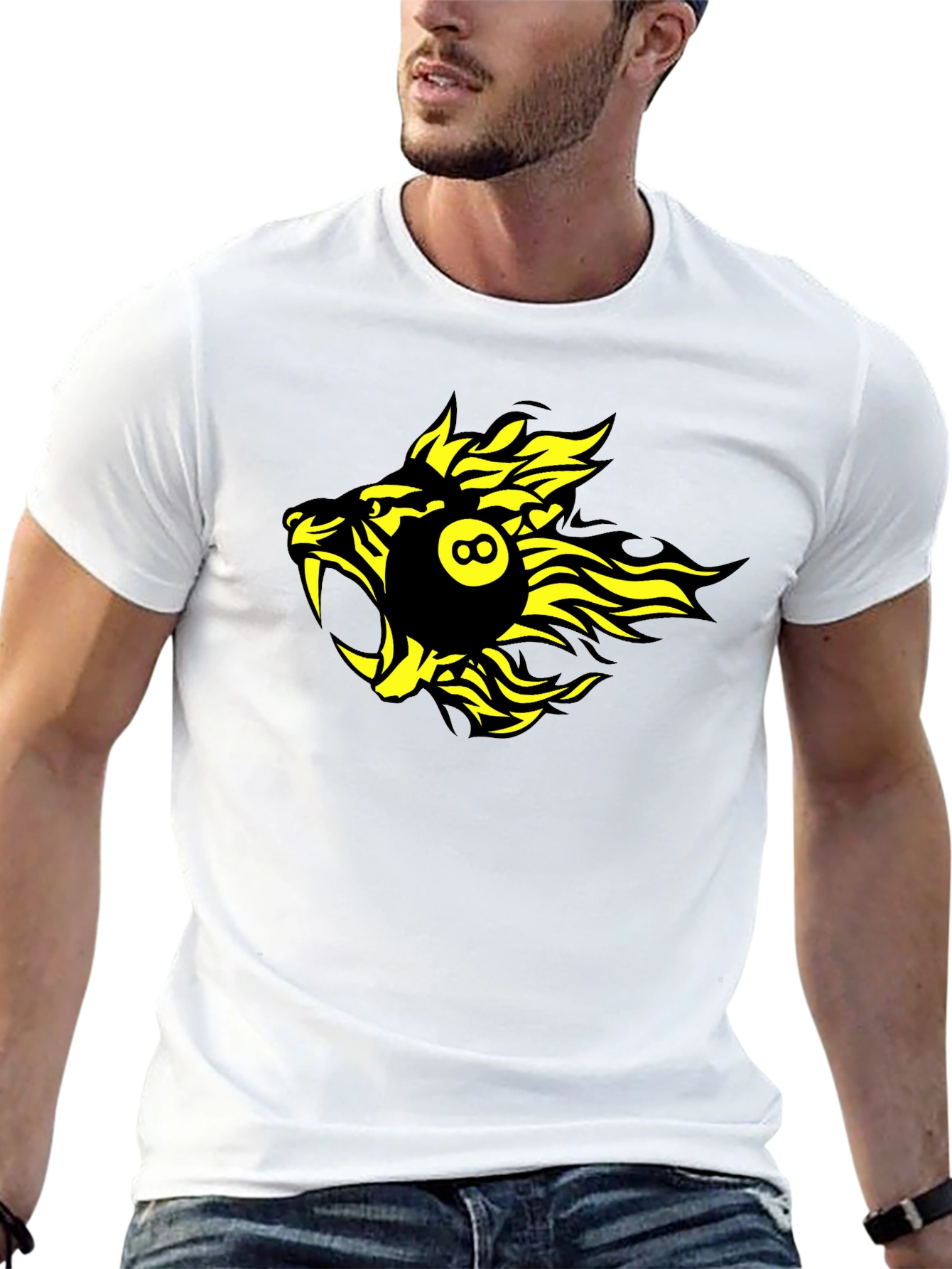 Black T-Shirt with Yellow Billiards Lion Graphic