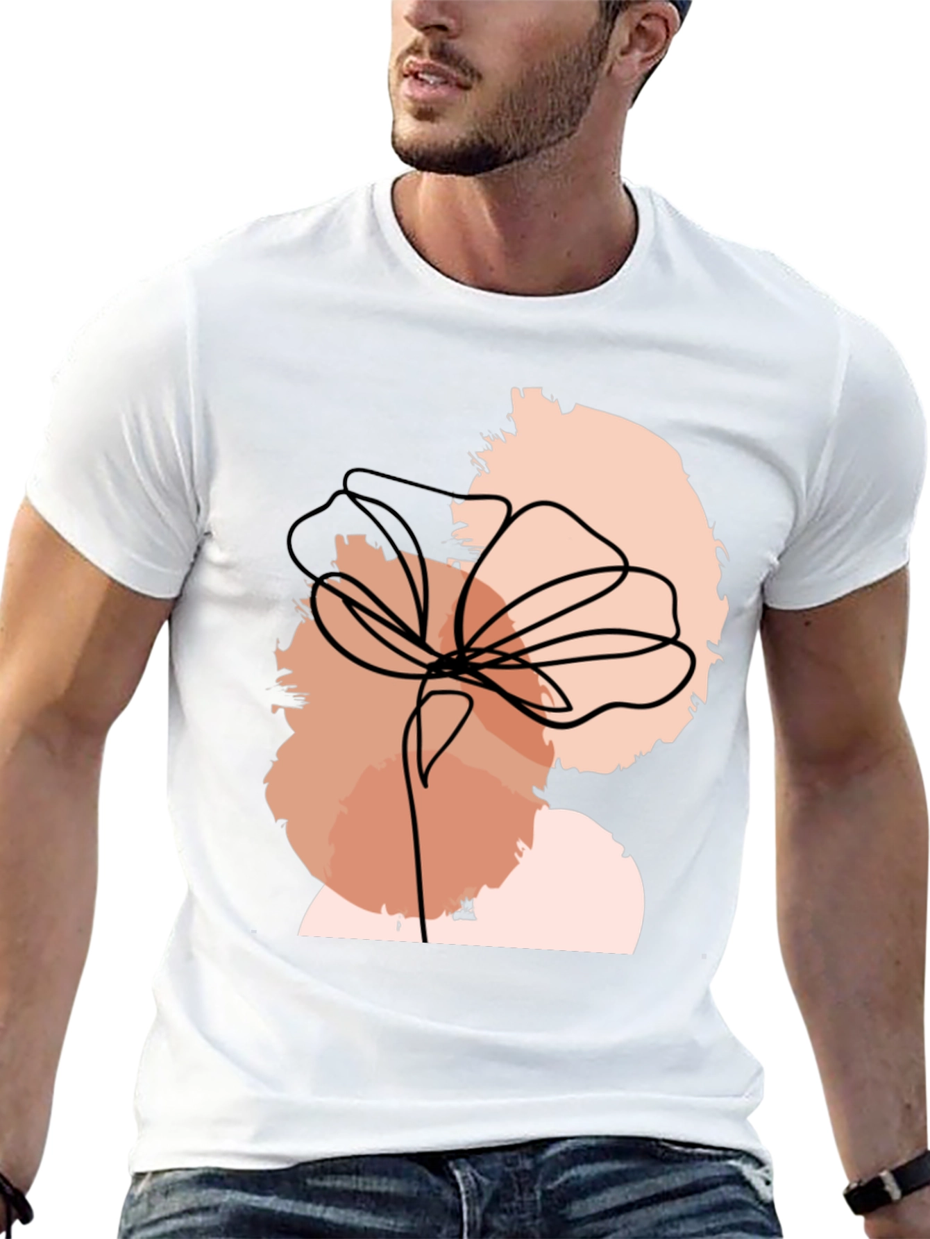 Abstract Floral Line Art Black T-Shirt