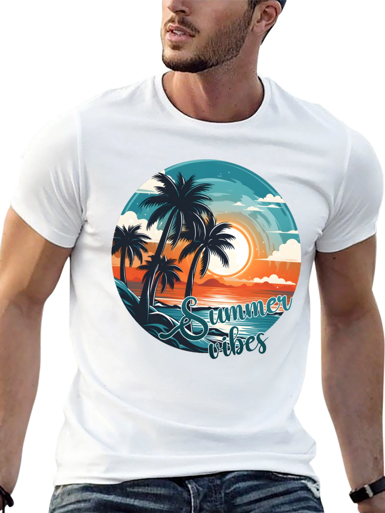 Summer Vibes Graphic Tee - Beach Palm Tree Design