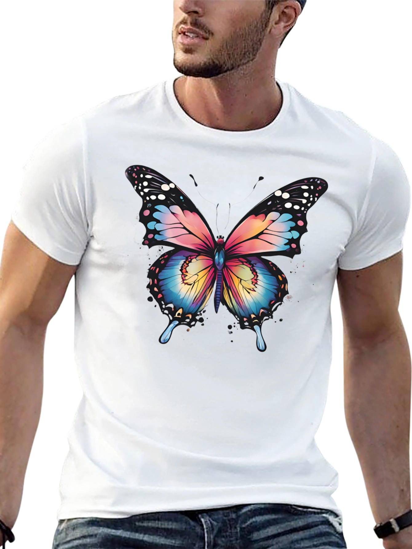 Butterfly Graphic Tee - Artistic Mens Black T-Shirt