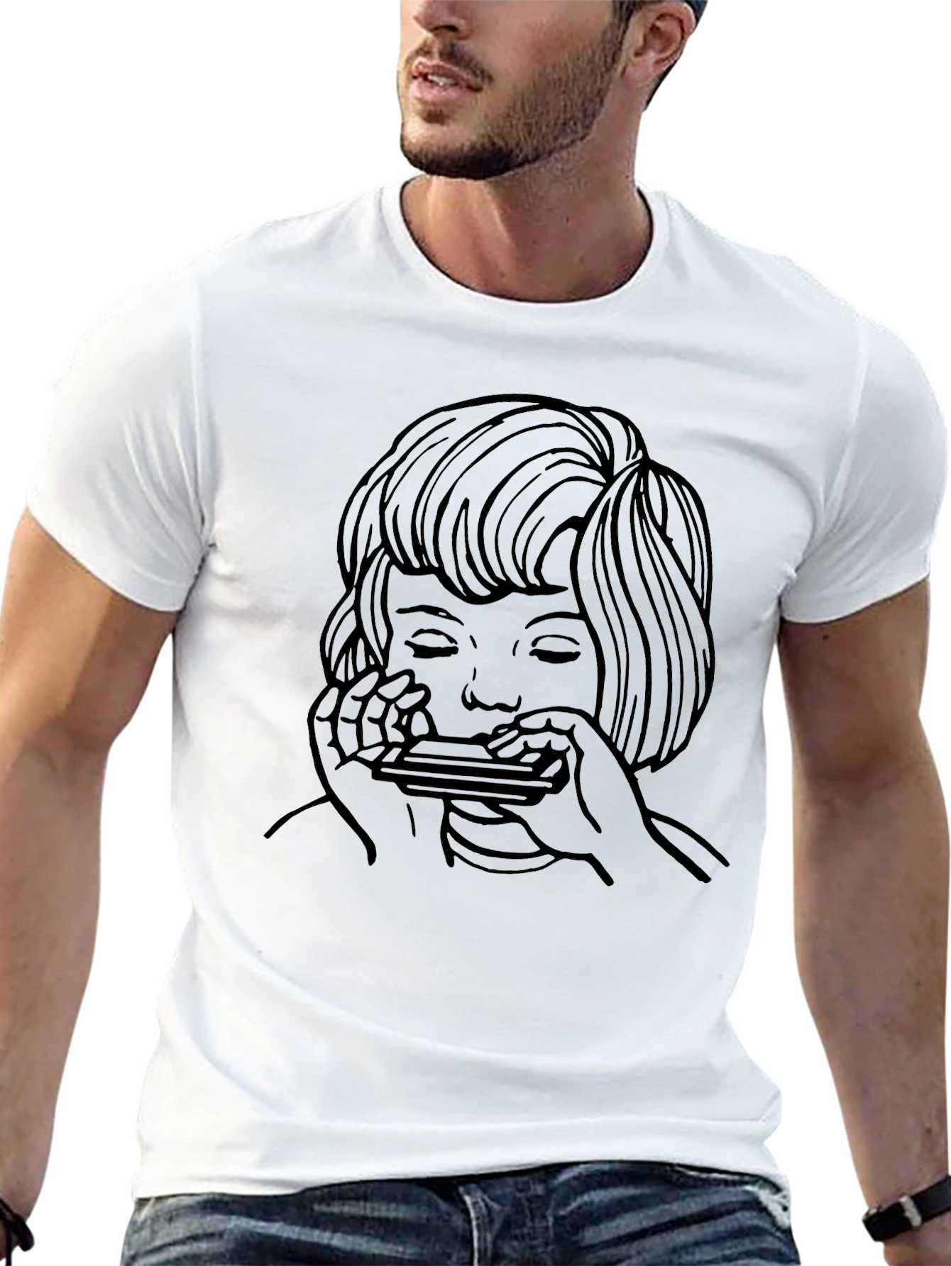 Harmonica Player Graphic Tee - Unisex Black T-Shirt