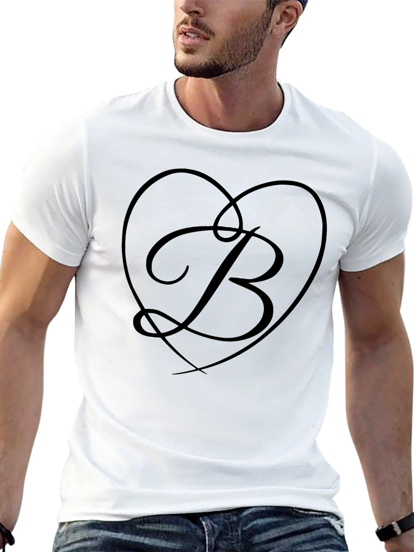 Elegant Black Tee with Heart Initial B Design