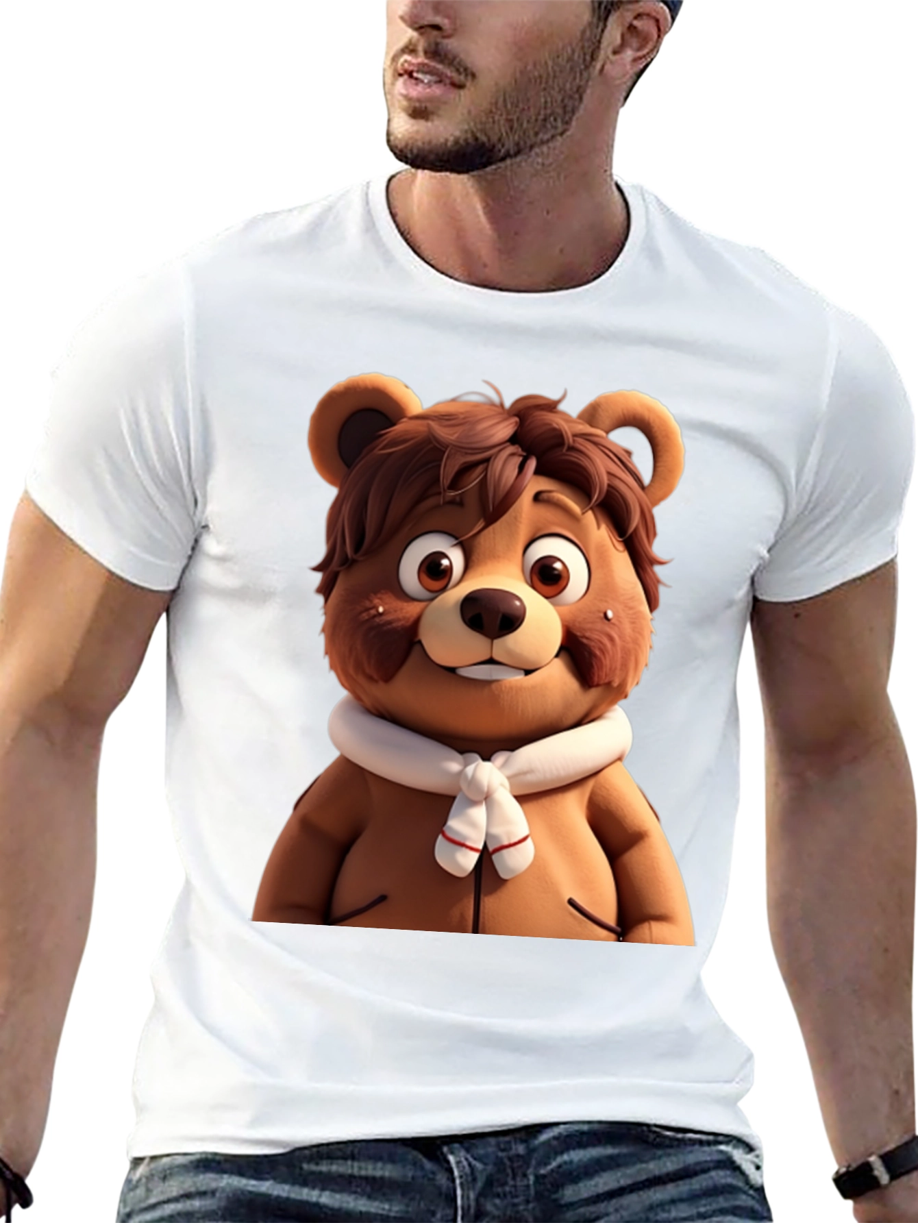 Cartoon Bear Graphic Tee - Black Cotton Blend
