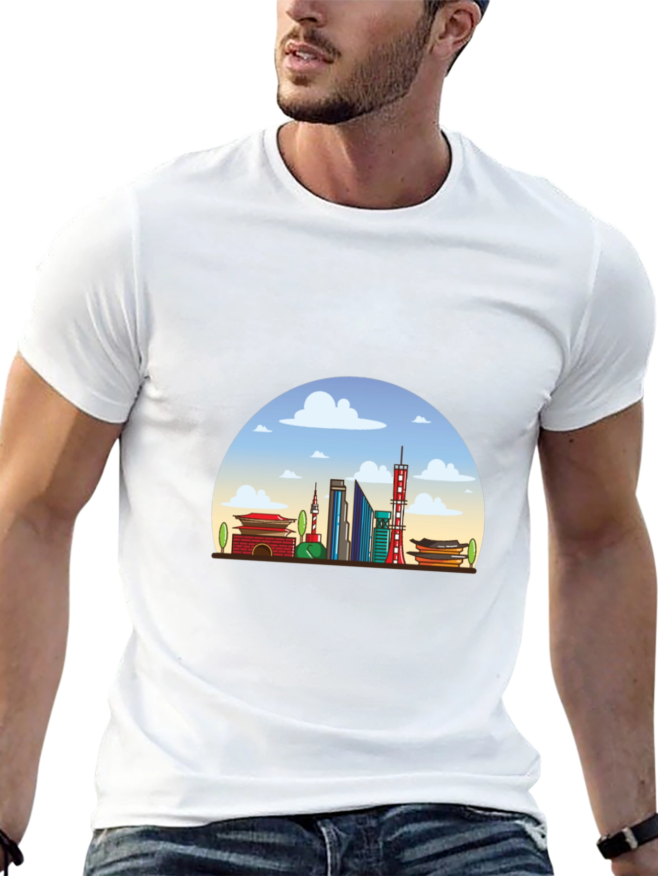 Seoul Skyline Graphic Tee - Black Cotton T-Shirt