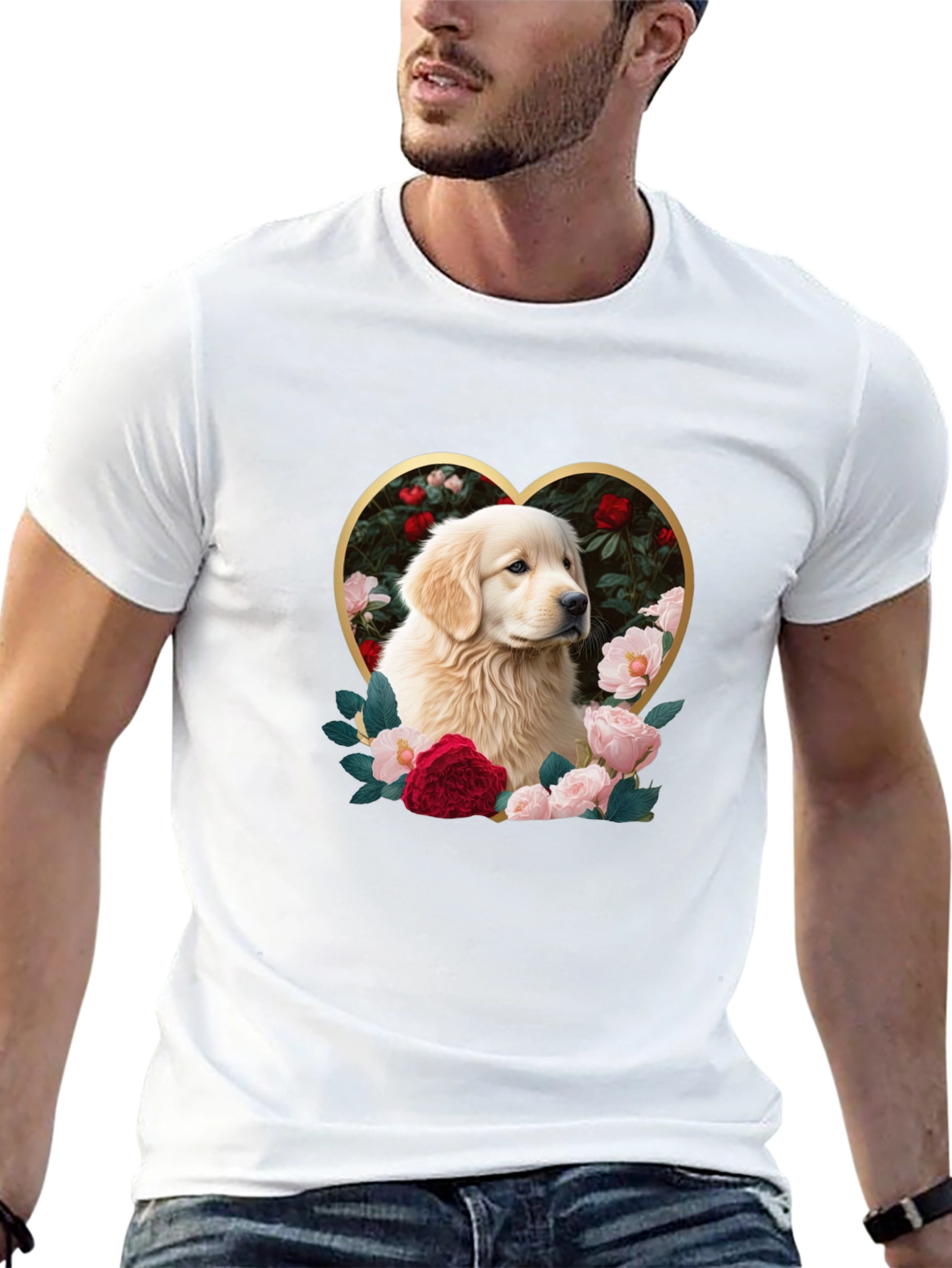 Golden Retriever Heart Roses Graphic T-Shirt